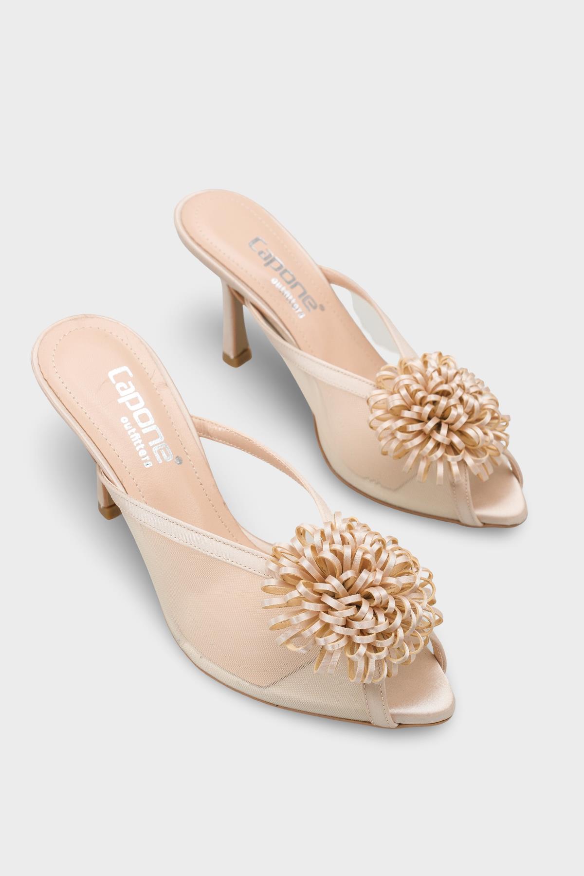 Capone Caitrin Mesh Satin Mid Heel Elegant Women Satin Beige Sandal