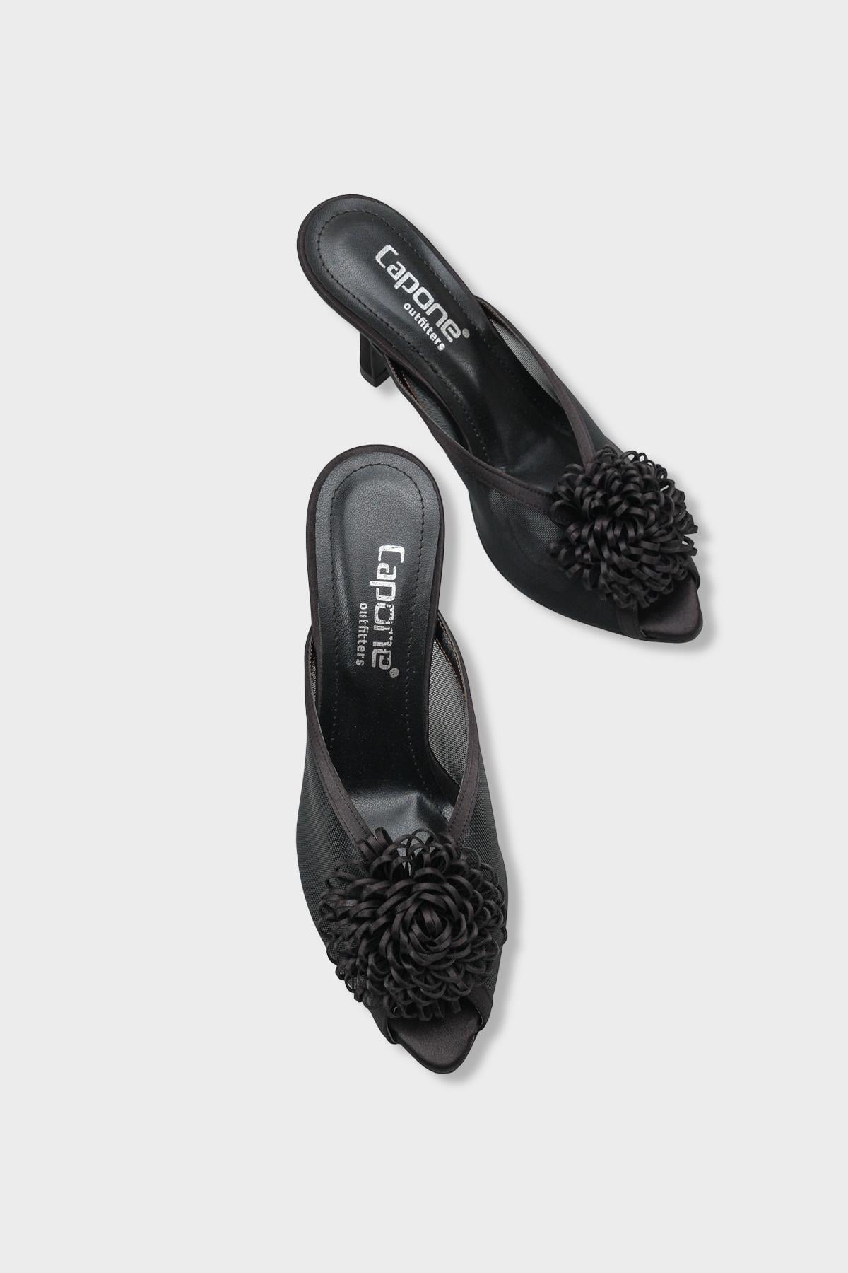 Capone Caitrin Mesh Satin Mid Heel Elegant Women Satin Black Sandal