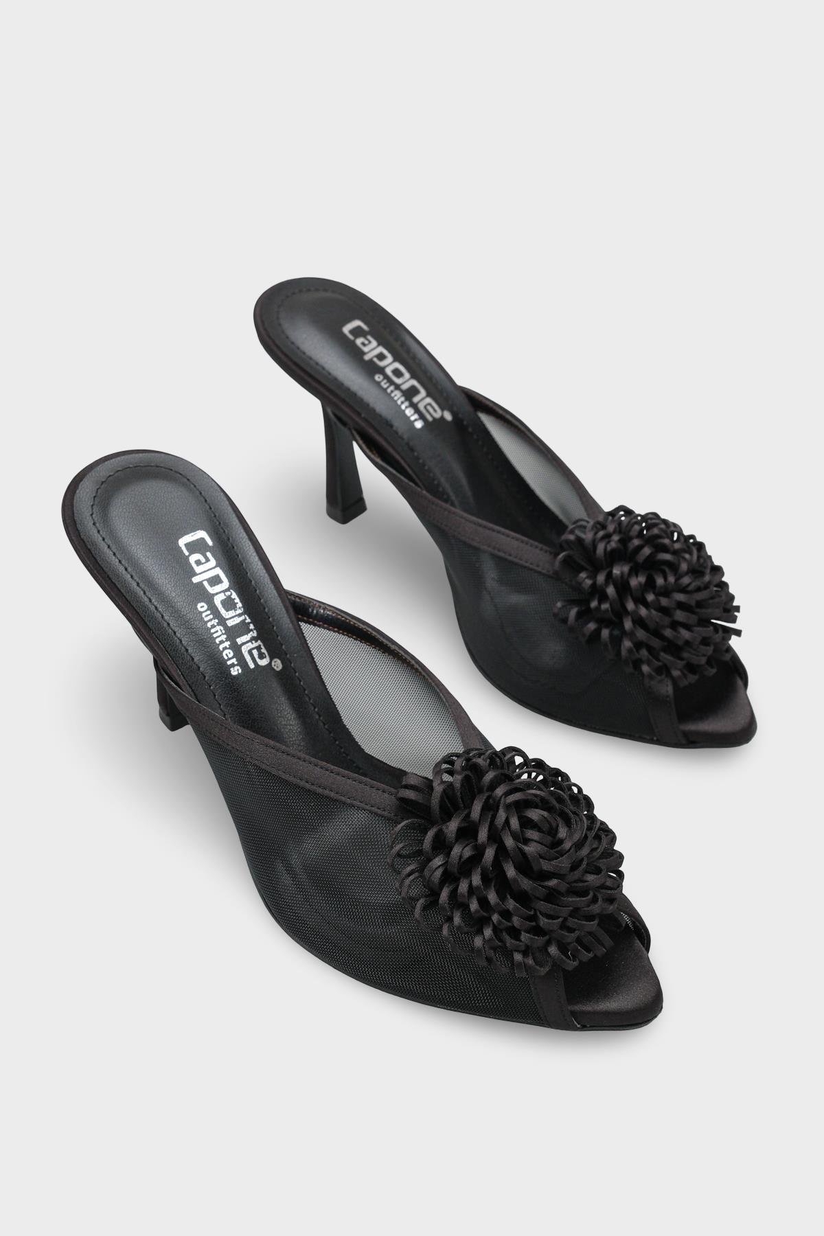 Capone Caitrin Mesh Satin Mid Heel Elegant Women Satin Black Sandal
