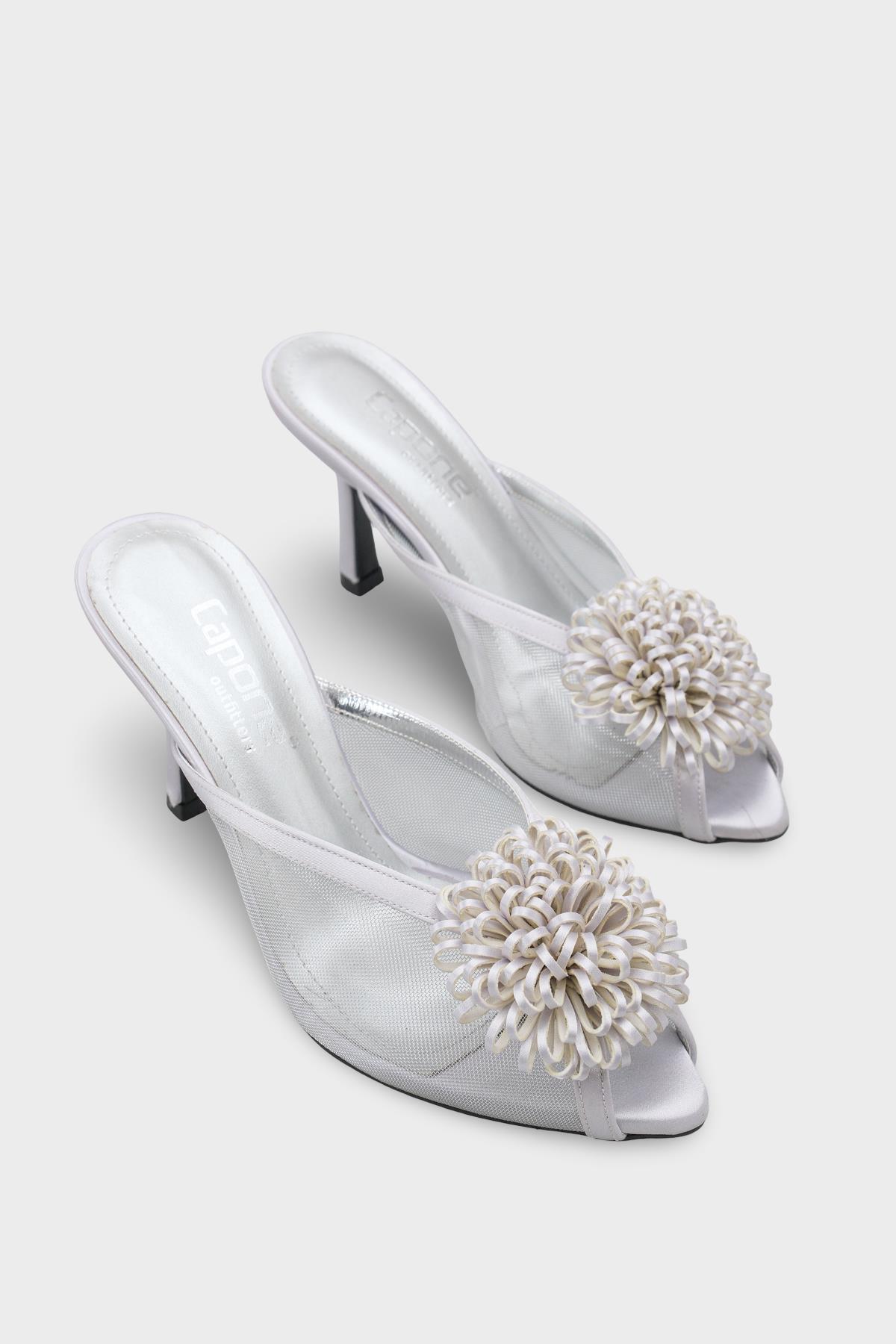 Capone Caitrin Mesh Satin Mid Heel Elegant Women Silver Sandal