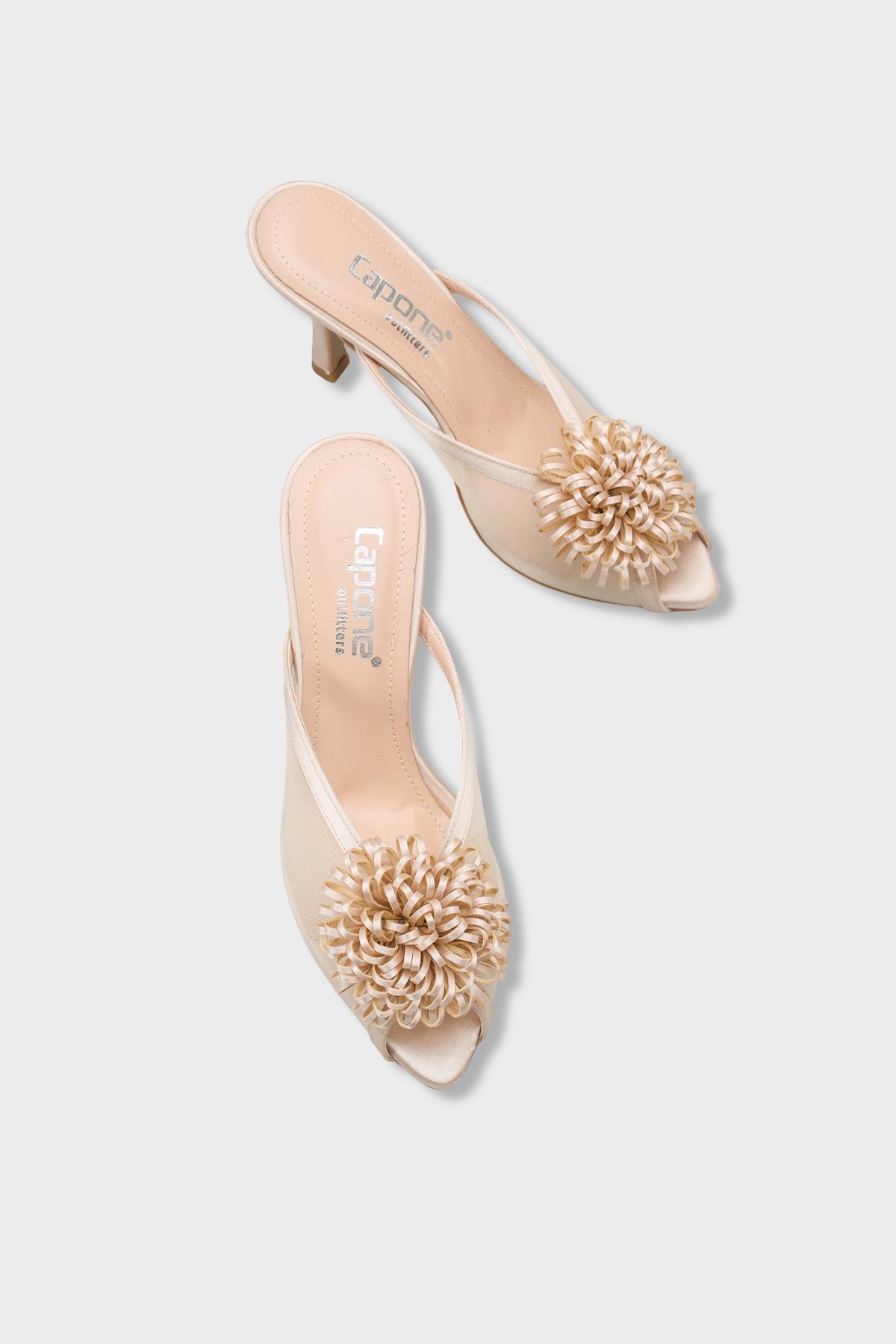 Capone Caitrin Mesh Satin Mid Heel Elegant Women Satin Beige Sandal