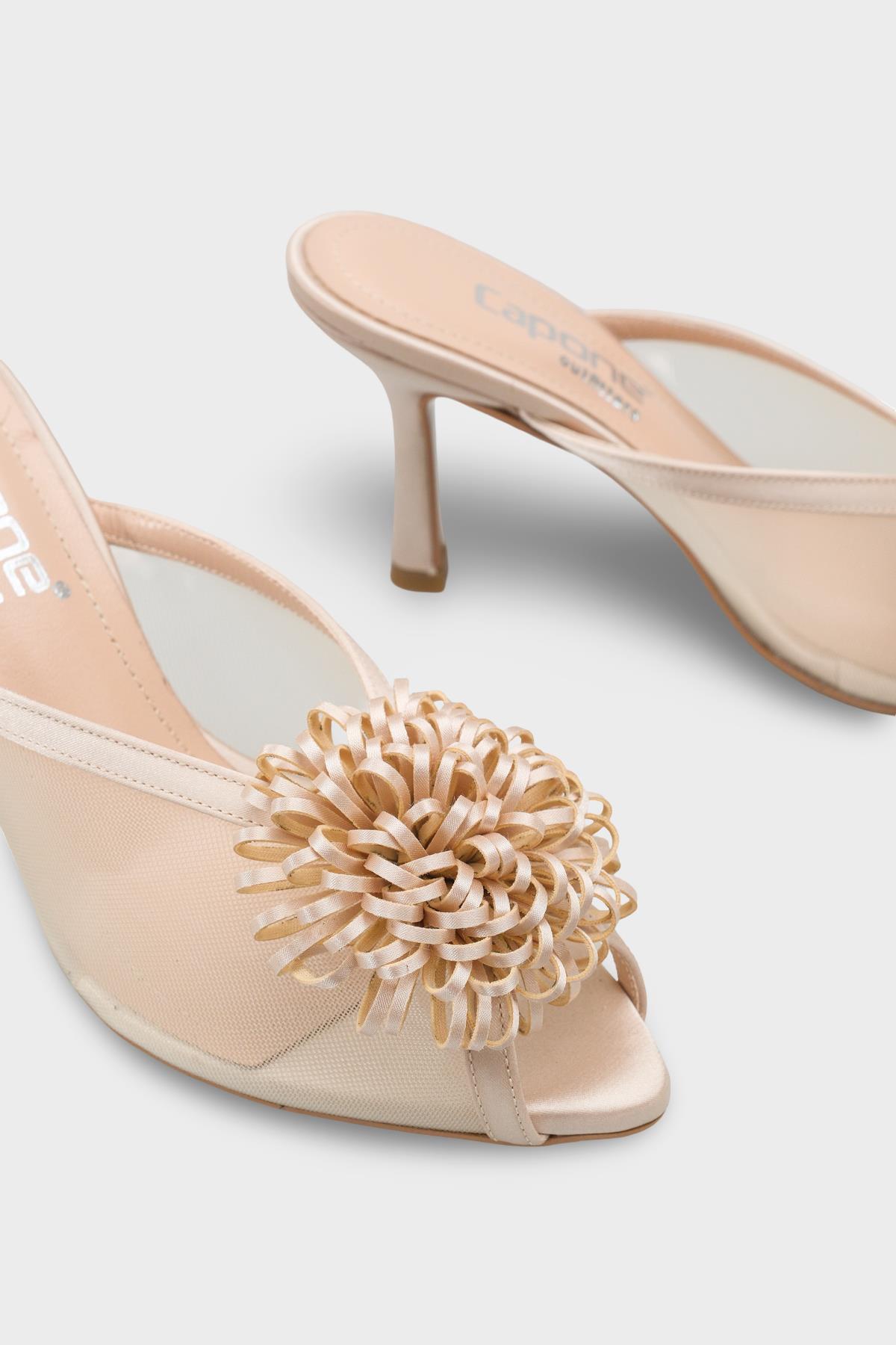 Capone Caitrin Mesh Satin Mid Heel Elegant Women Satin Beige Sandal