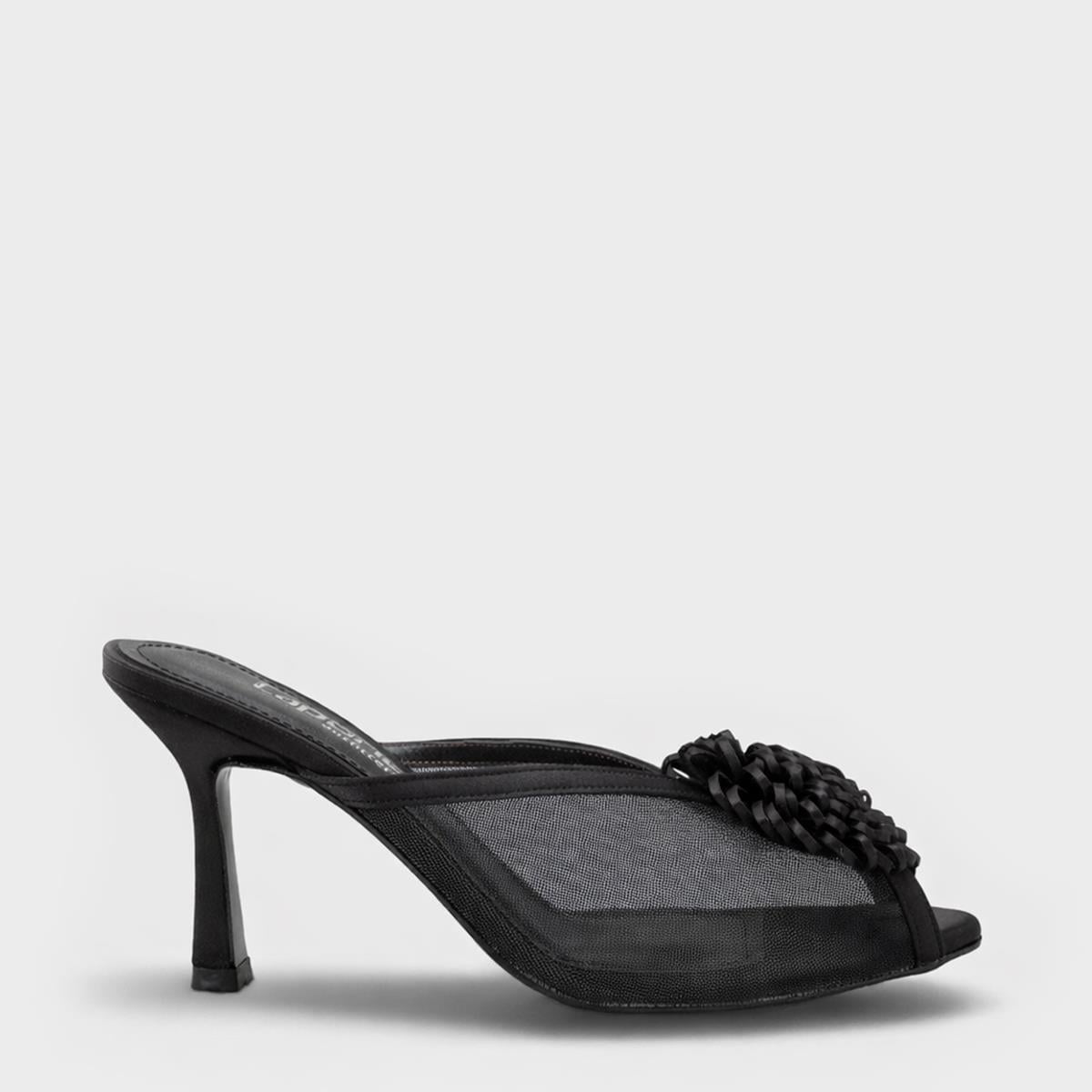 Capone Caitrin Mesh Satin Mid Heel Elegant Women Satin Black Sandal