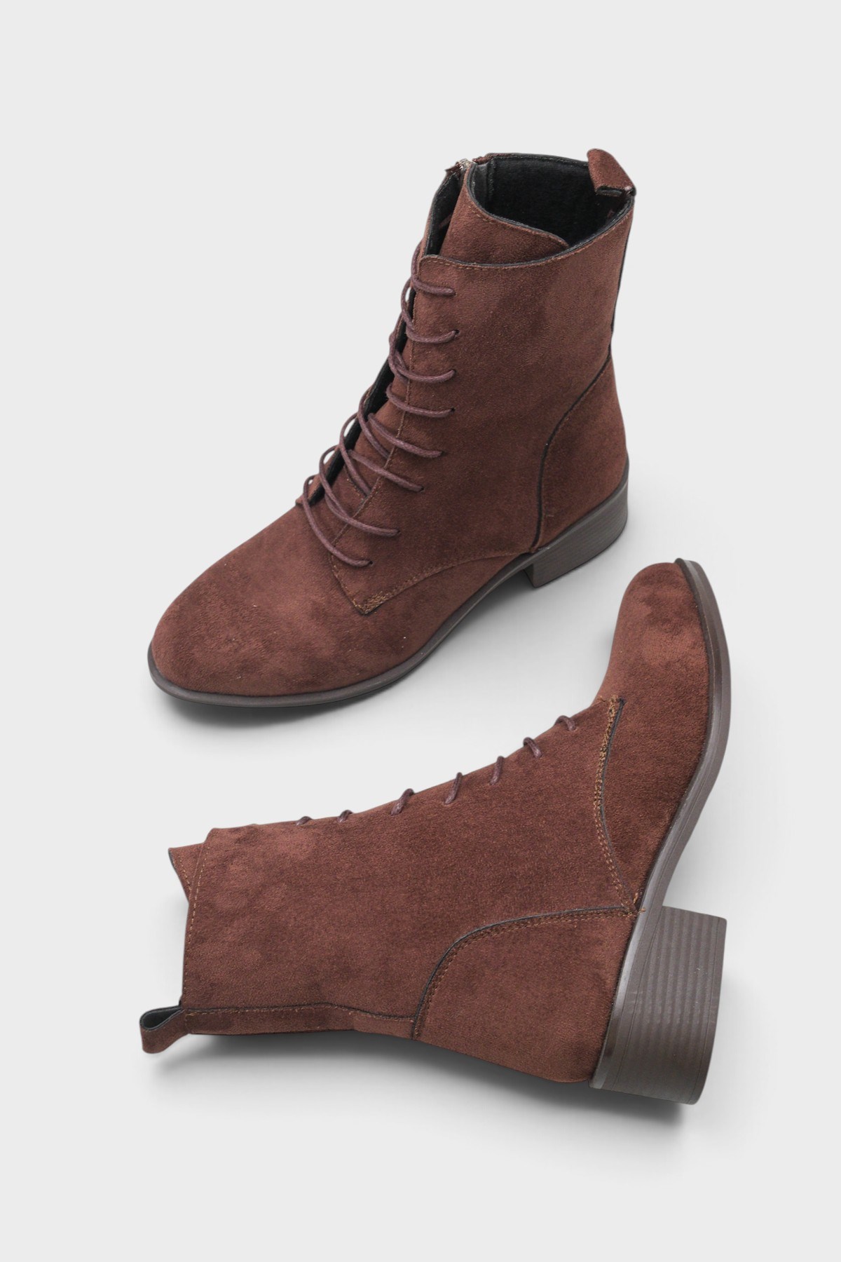 Capone Carolie Lace-Up Side Zip Mid Heel Casual Women Sued Brown Ankle Boot