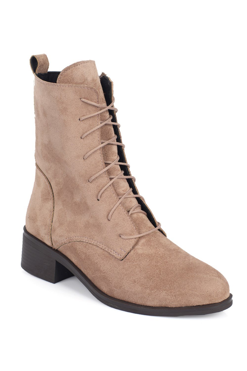 Capone Carolie Lace-Up Side Zip Mid Heel Casual Women Sued Mink Ankle Boot