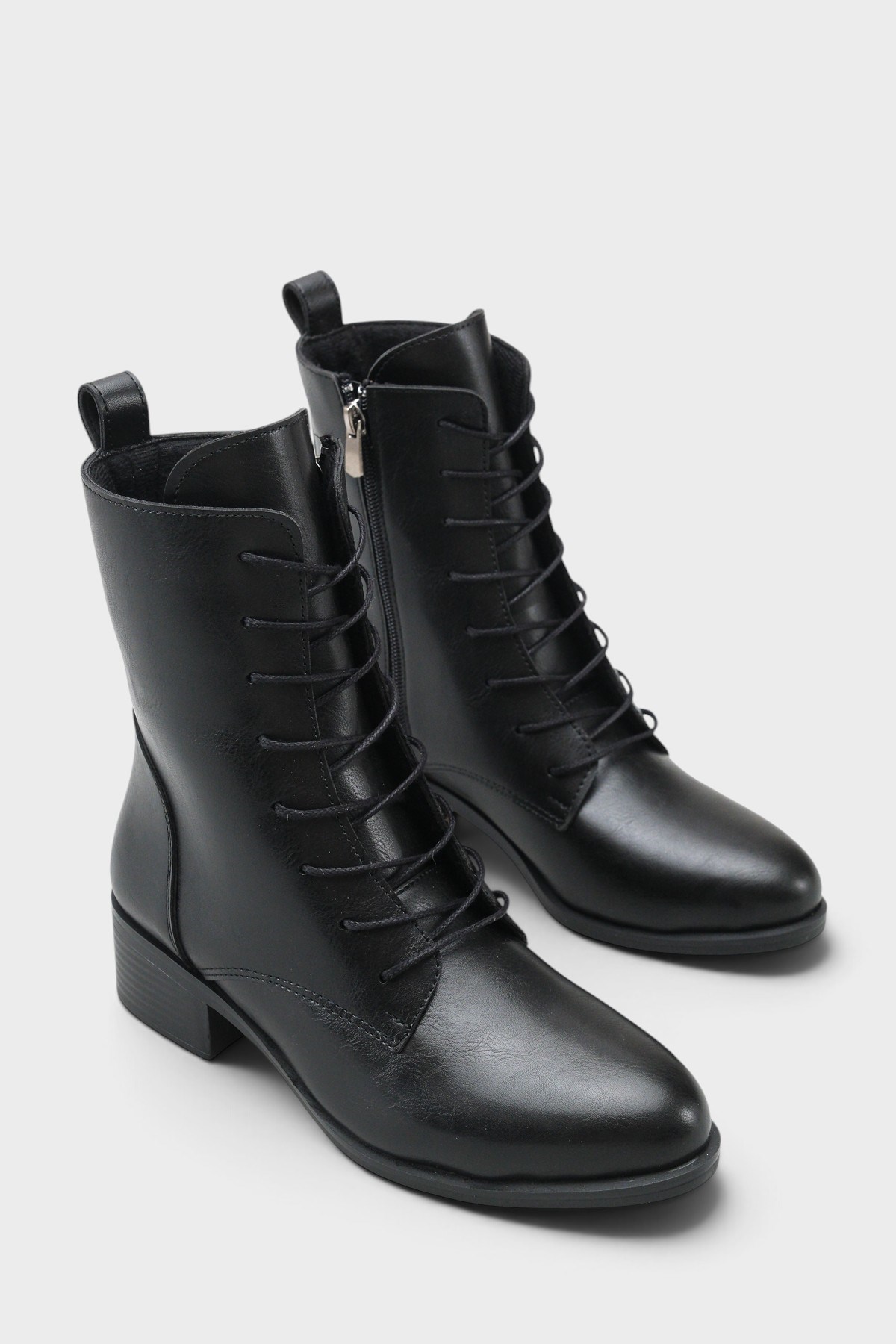 Capone Carolie Lace-Up Side Zip Mid Heel Casual Women Black Ankle Boot
