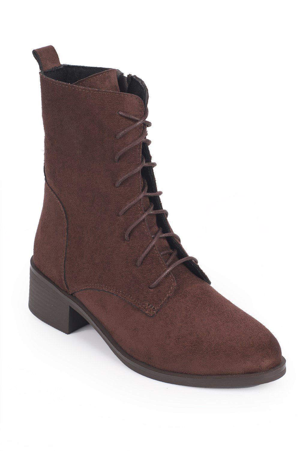 Capone Carolie Lace-Up Side Zip Mid Heel Casual Women Sued Brown Ankle Boot
