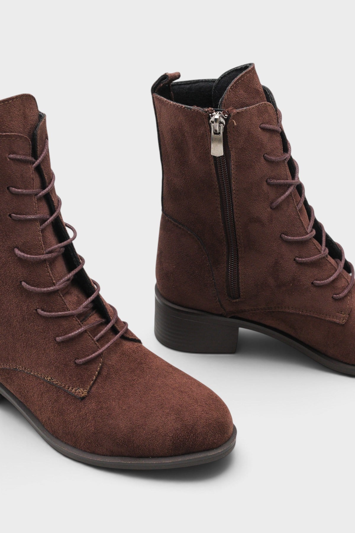 Capone Carolie Lace-Up Side Zip Mid Heel Casual Women Sued Brown Ankle Boot