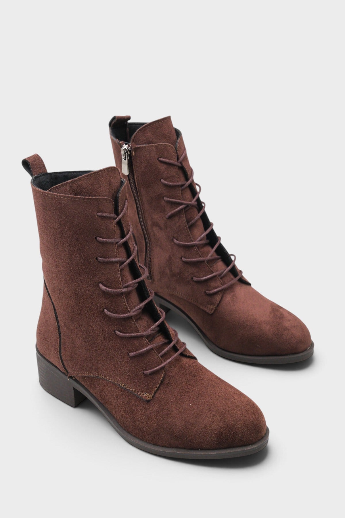Capone Carolie Lace-Up Side Zip Mid Heel Casual Women Sued Brown Ankle Boot
