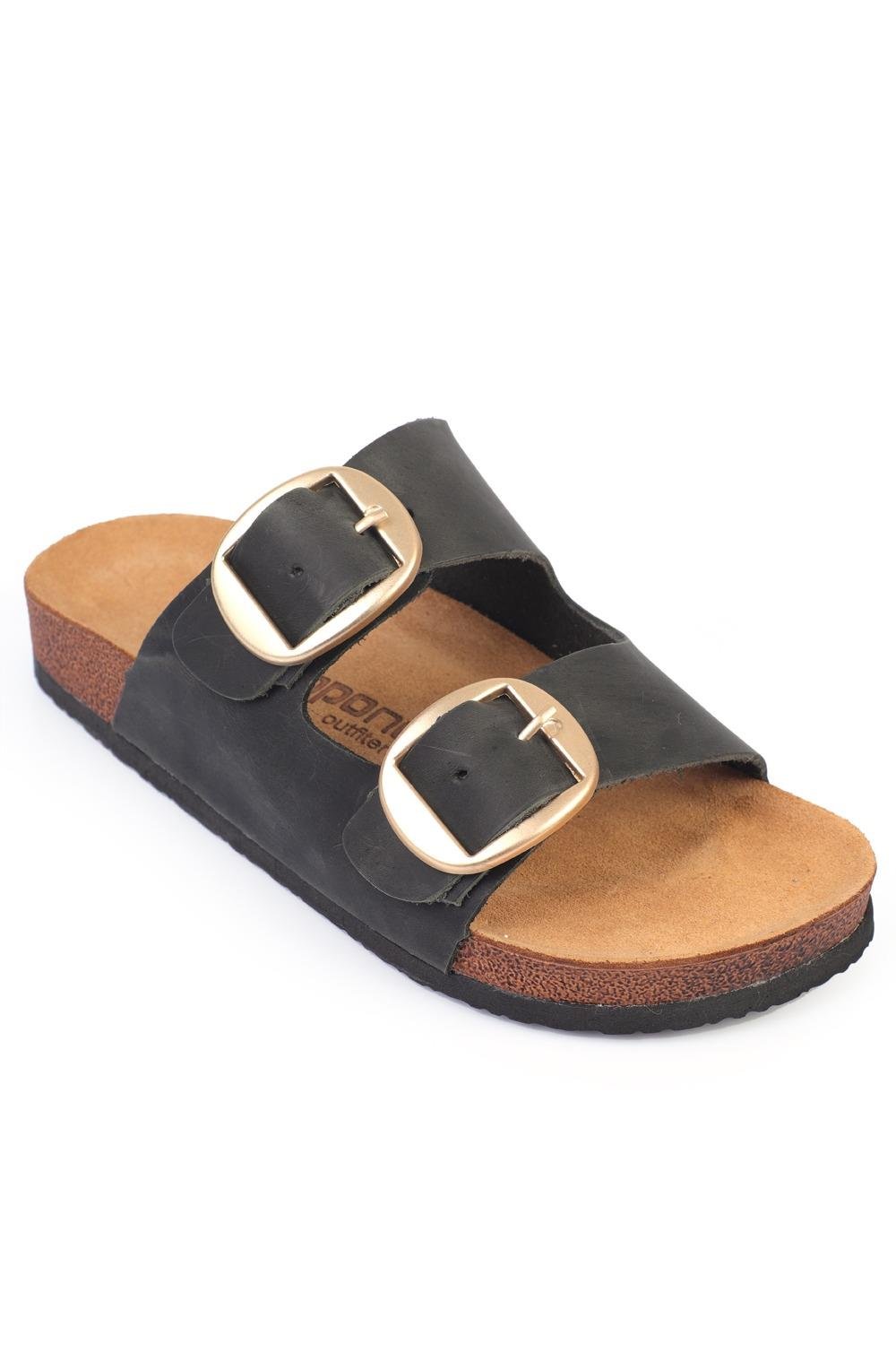 Capone Cathie Two Large Buckled Anatomical Cork Sole Leather Women  Sandals