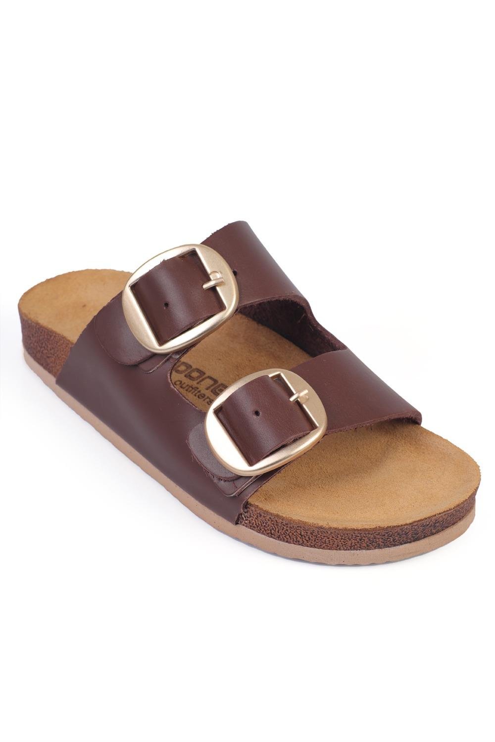 Capone Cathie Two Large Buckled Anatomical Cork Sole Leather Women  Sandals