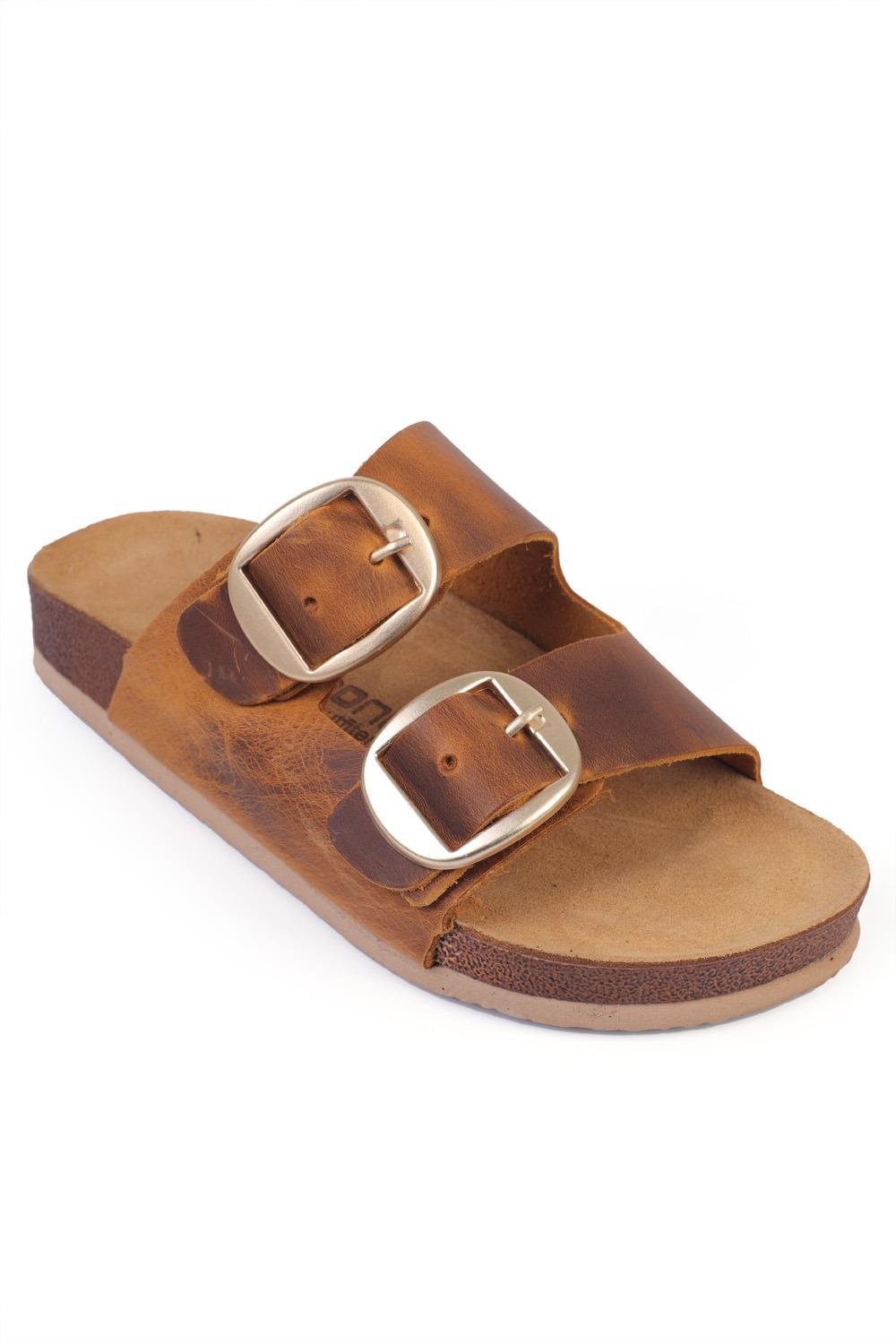 Capone Cathie Two Large Buckled Anatomical Cork Sole Leather Women  Sandals