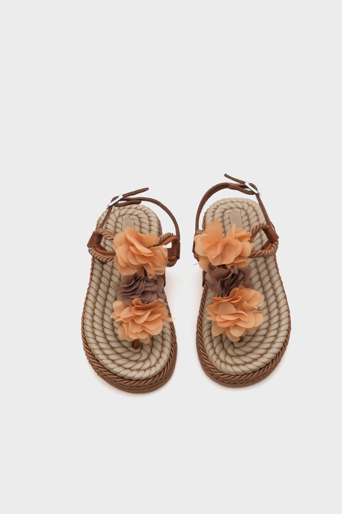 Capone Corded Rope Flower Detail Women Brown Thong Sandals