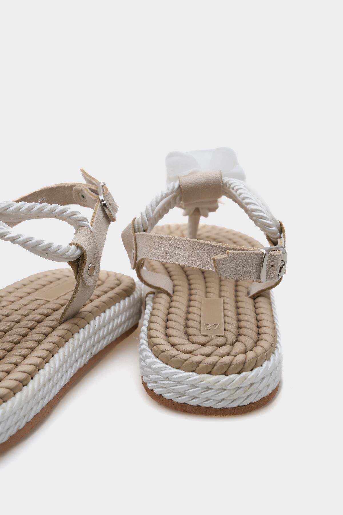 Capone Corded Rope Flower Detail Women White Thong Sandals