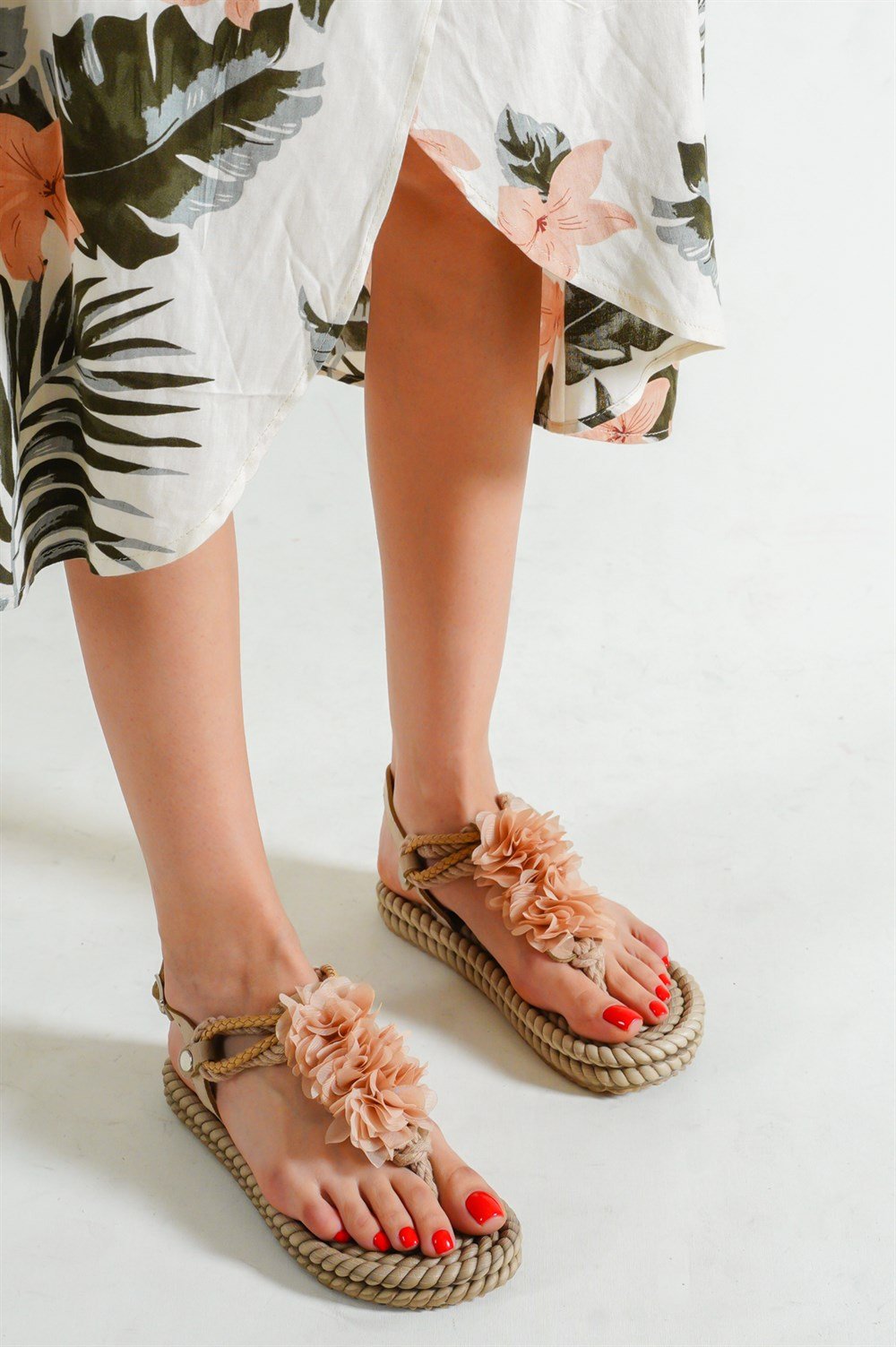 Capone Corded Rope Flower Detail Women Beige Thong Sandals