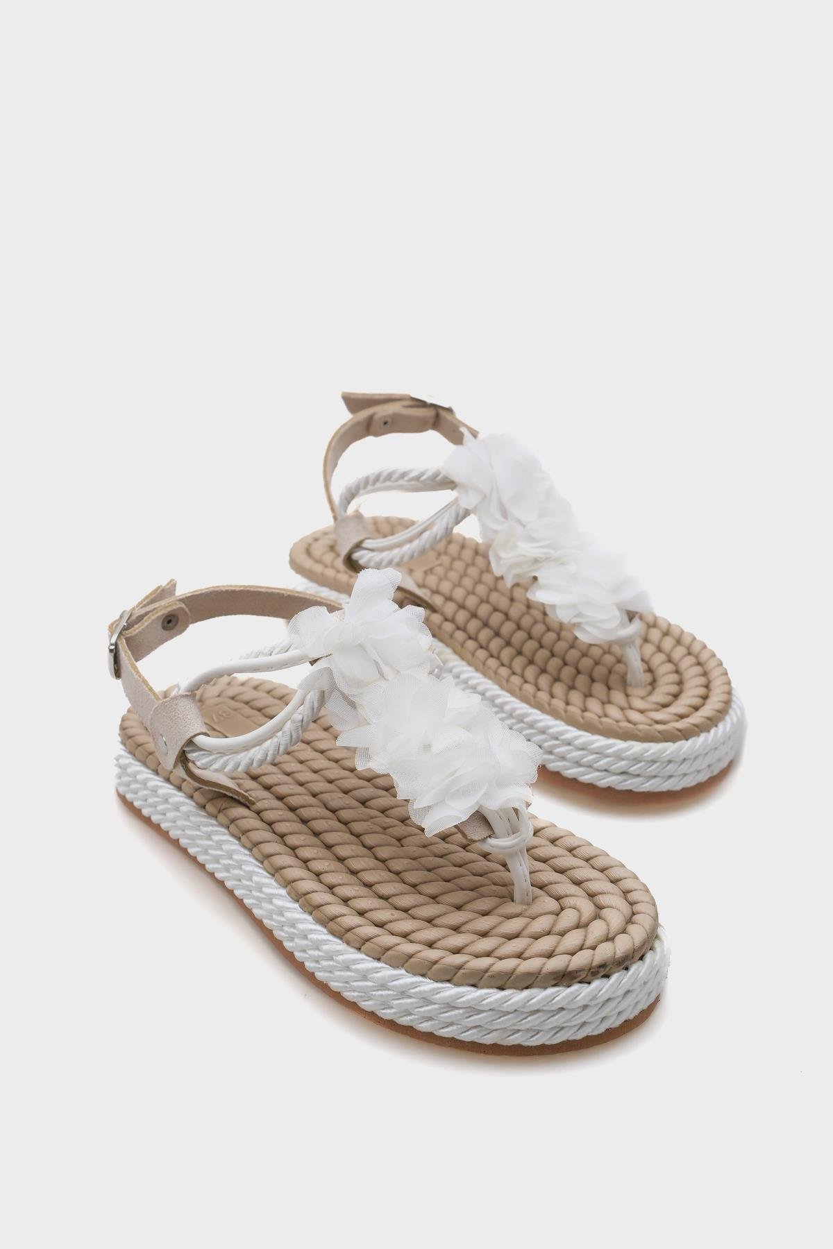Capone Corded Rope Flower Detail Women White Thong Sandals