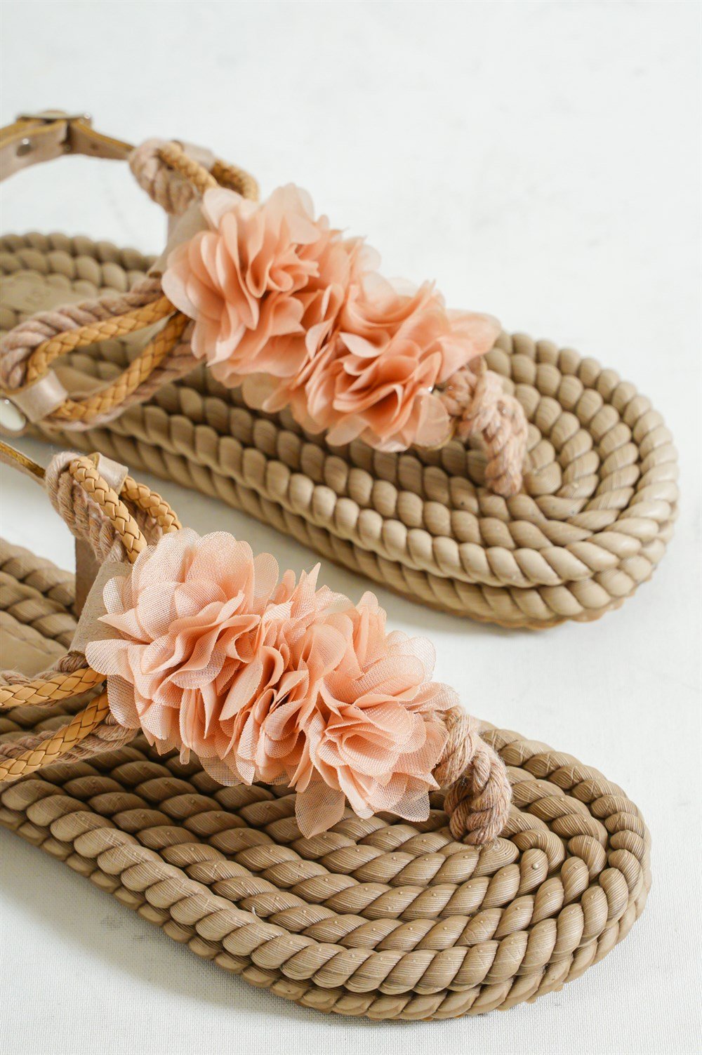 Capone Corded Rope Flower Detail Women Beige Thong Sandals