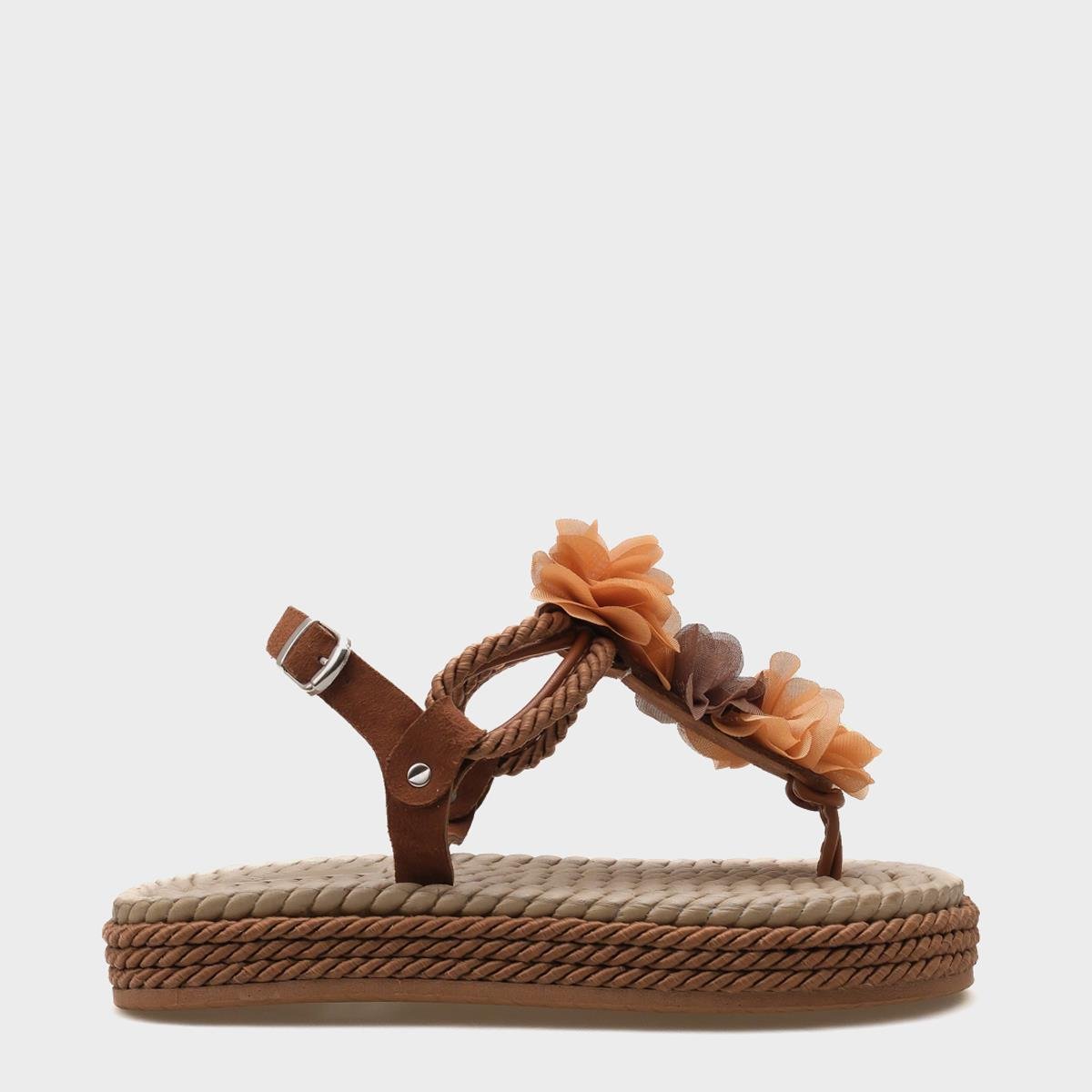 Capone Corded Rope Flower Detail Women Brown Thong Sandals