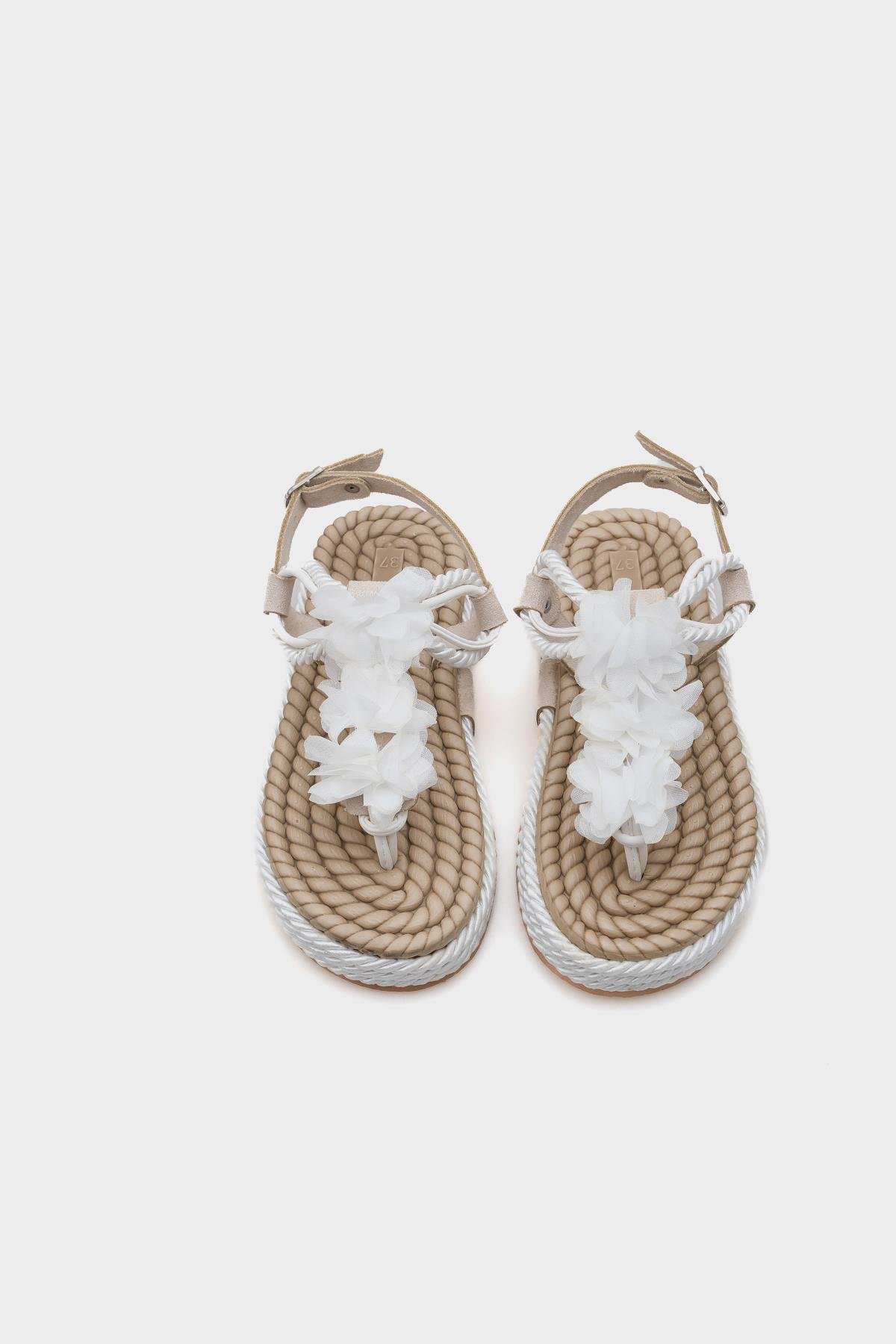 Capone Corded Rope Flower Detail Women White Thong Sandals