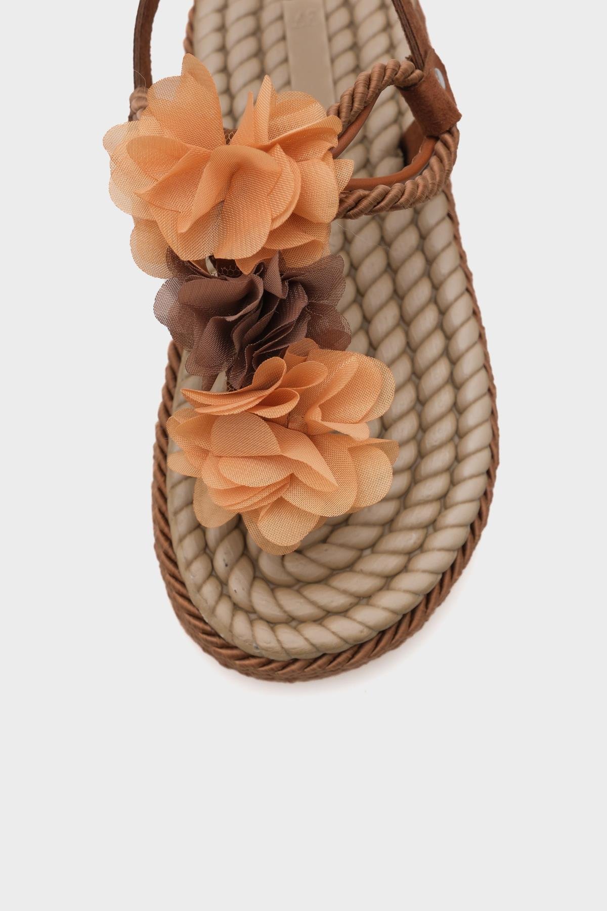 Capone Corded Rope Flower Detail Women Brown Thong Sandals
