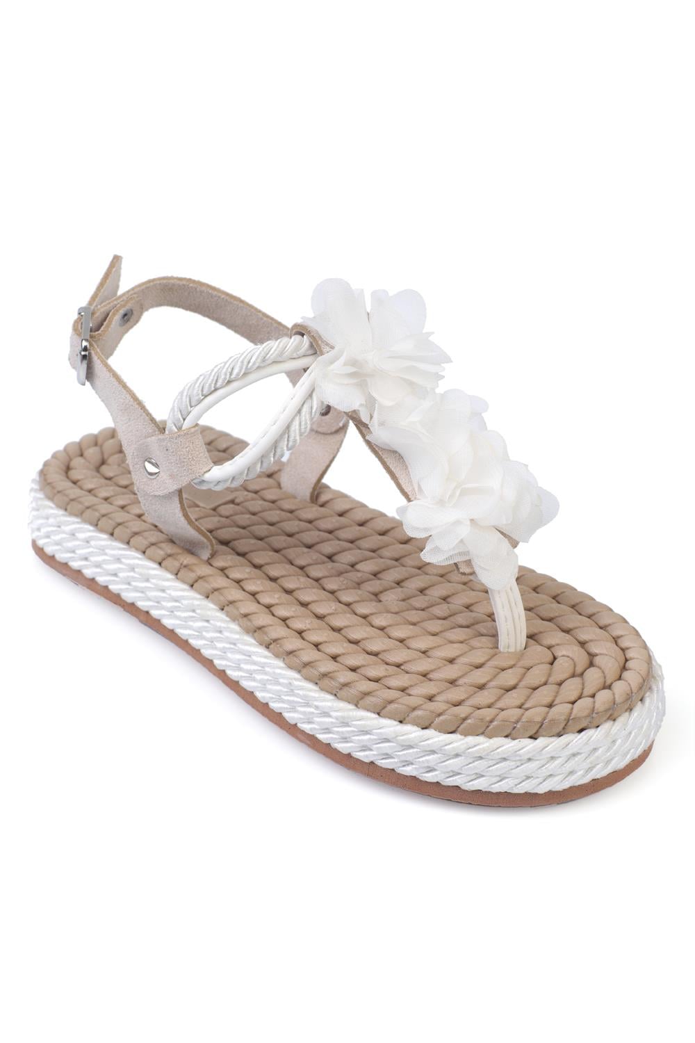 Capone Corded Rope Flower Detail Women White Thong Sandals