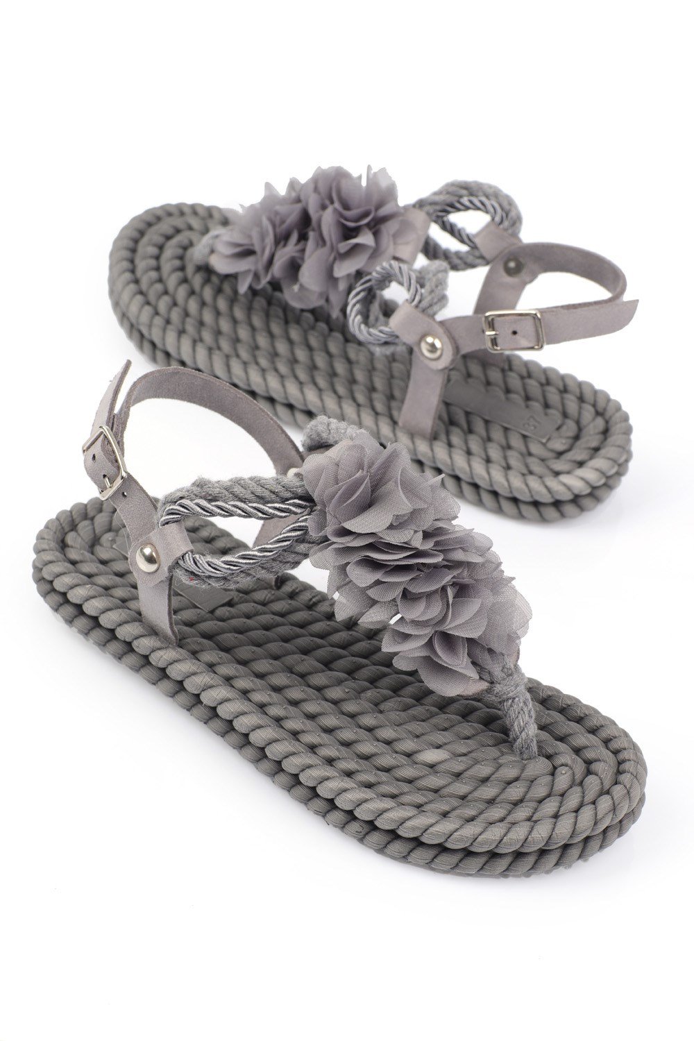 Capone Corded Rope Flower Detail Women Grey Thong Sandals