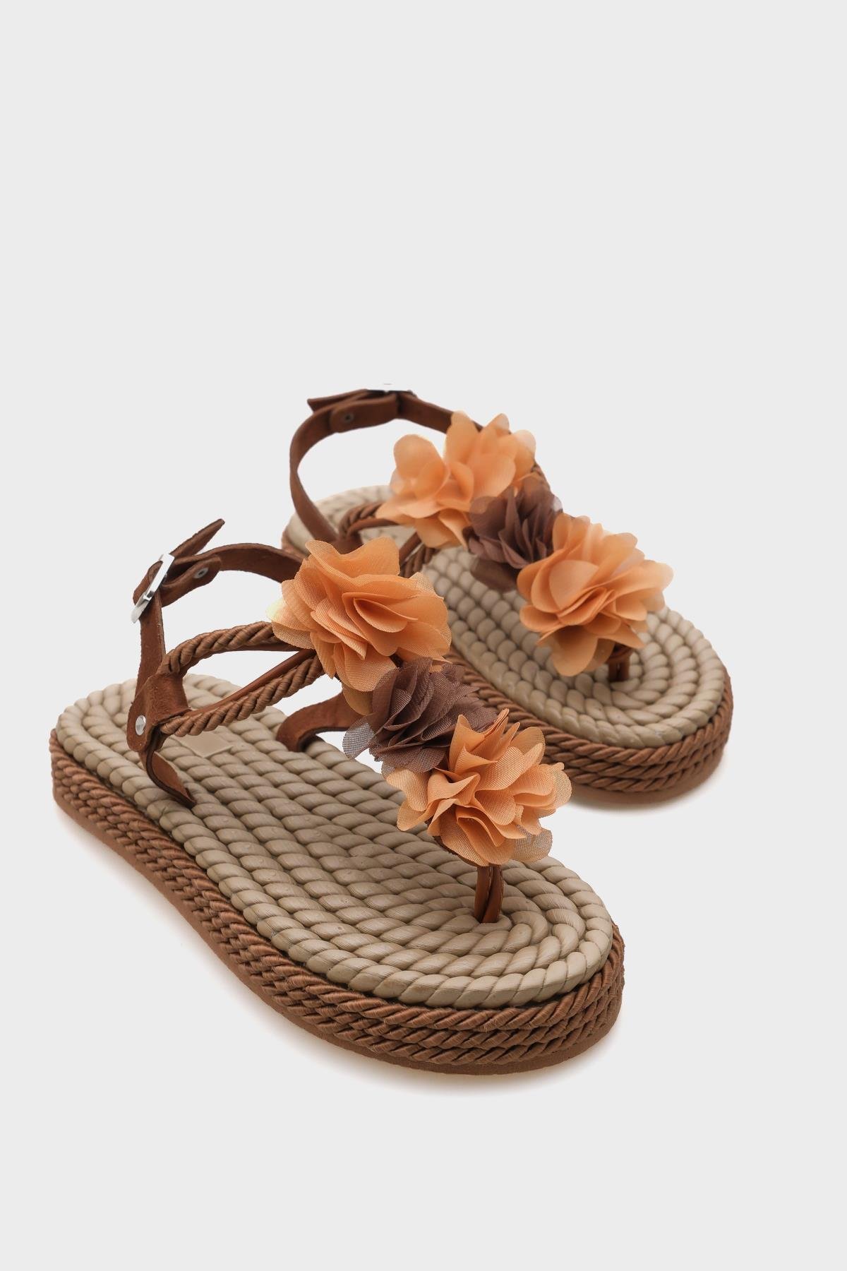 Capone Corded Rope Flower Detail Women Brown Thong Sandals
