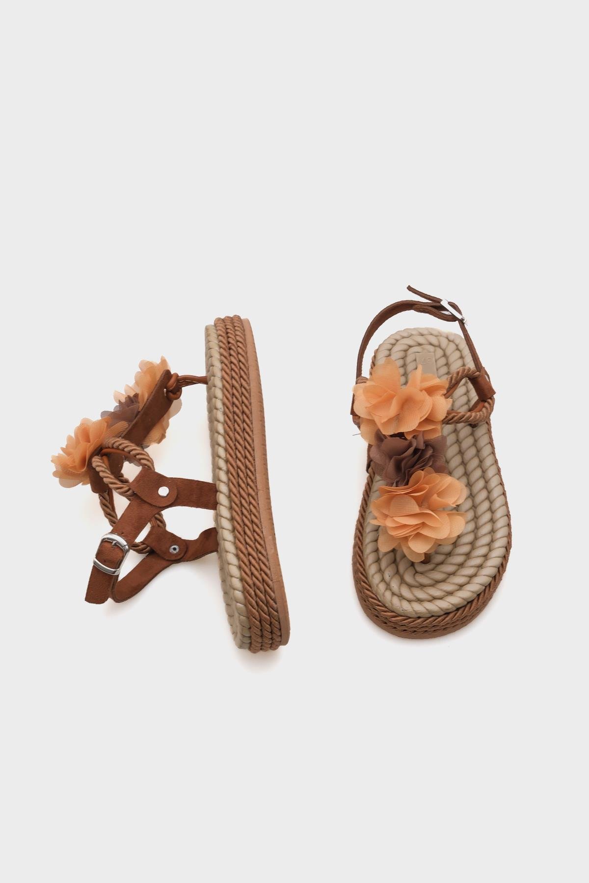 Capone Corded Rope Flower Detail Women Brown Thong Sandals