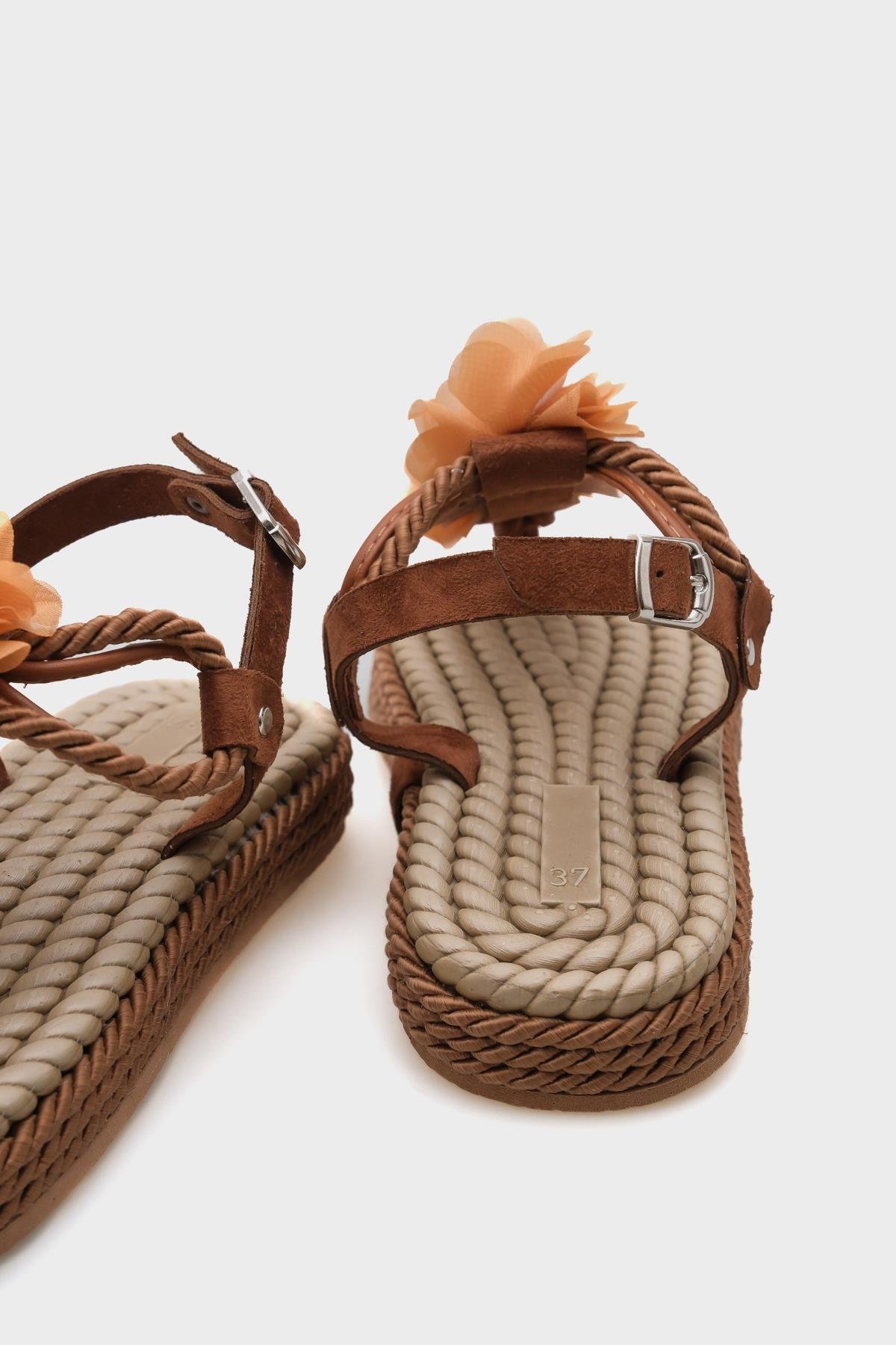 Capone Corded Rope Flower Detail Women Brown Thong Sandals
