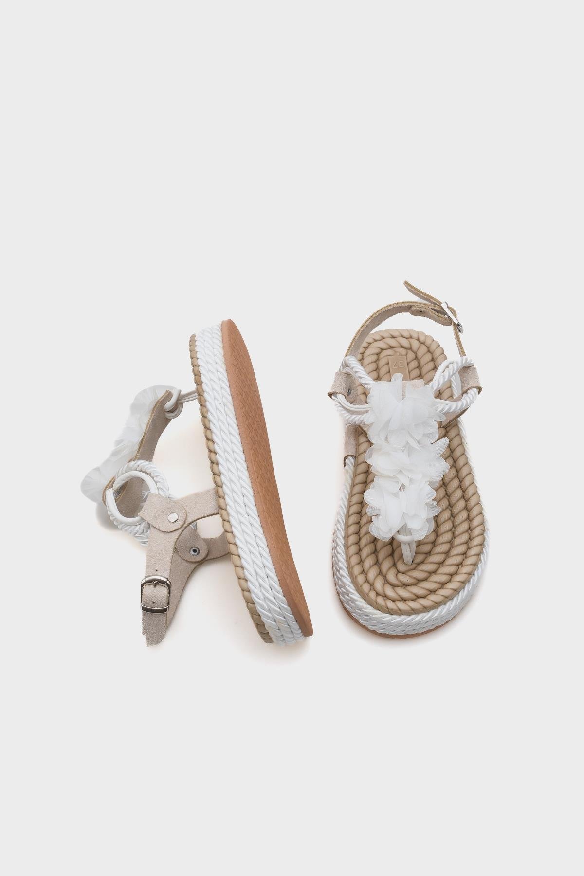 Capone Corded Rope Flower Detail Women White Thong Sandals