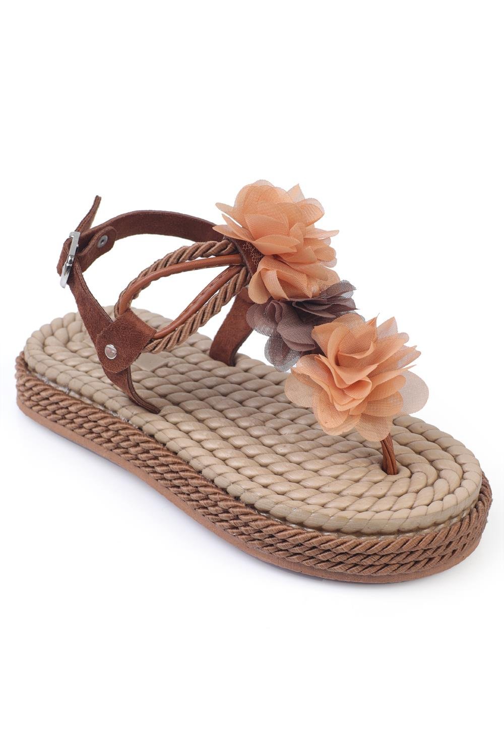 Capone Corded Rope Flower Detail Women Brown Thong Sandals