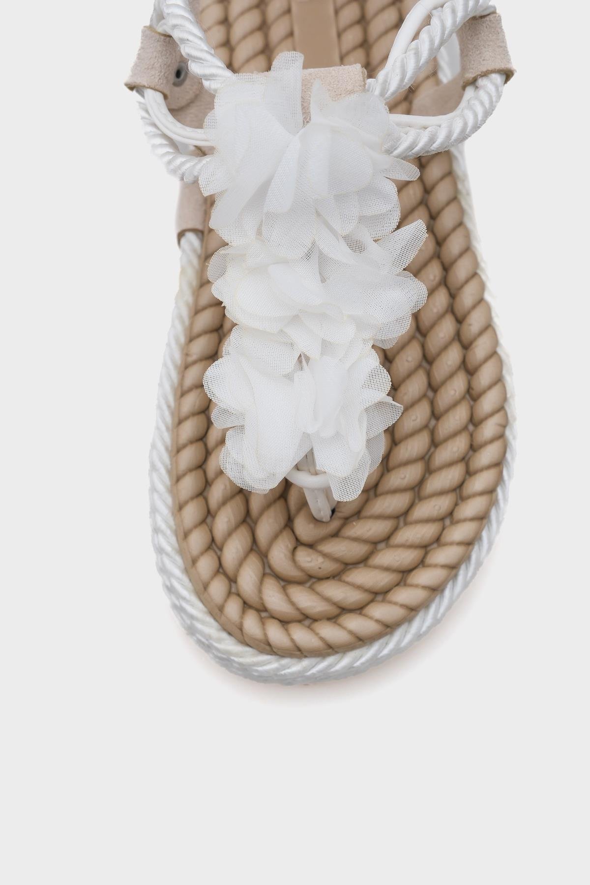 Capone Corded Rope Flower Detail Women White Thong Sandals