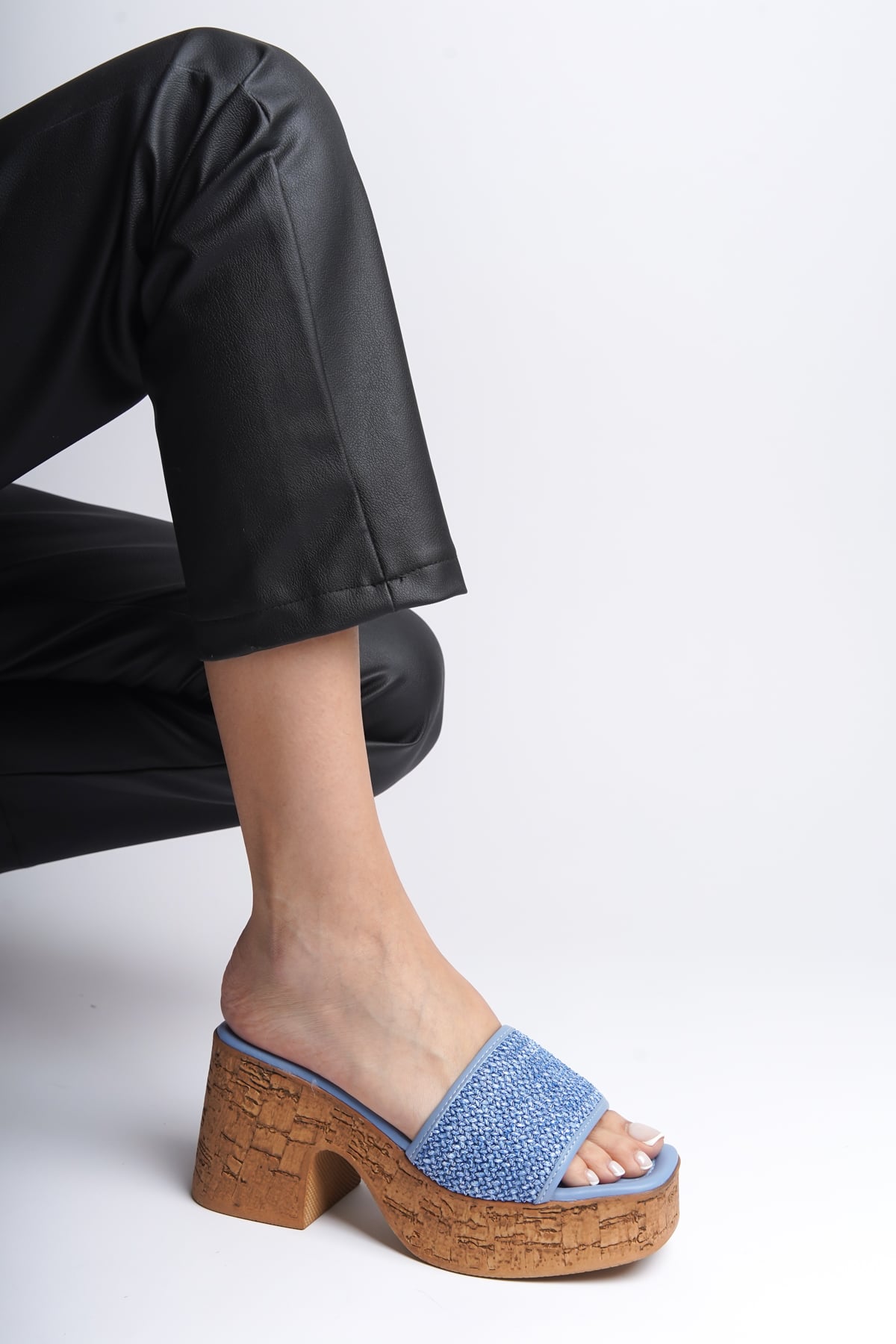 Capone Cork Platform Sole Wicker Single Strap Women Blue Sandals