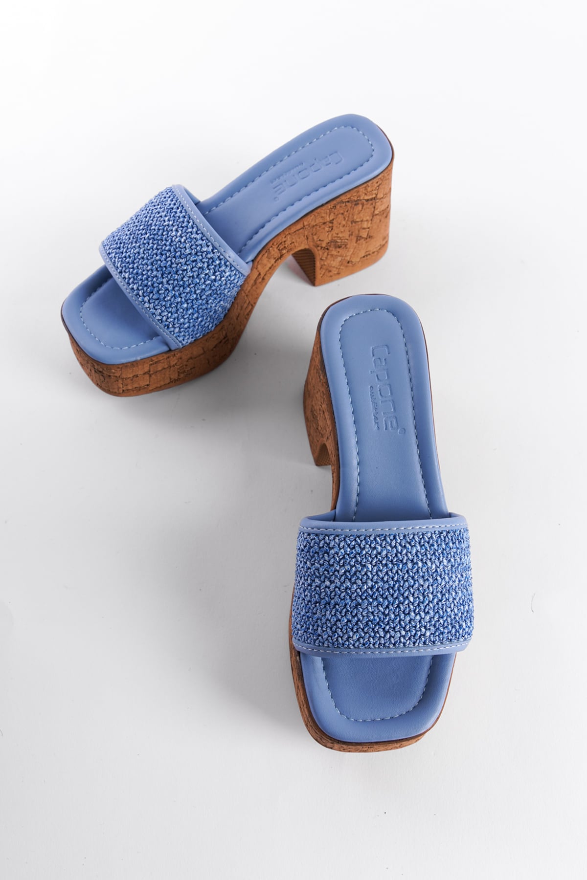 Capone Cork Platform Sole Wicker Single Strap Women Blue Sandals