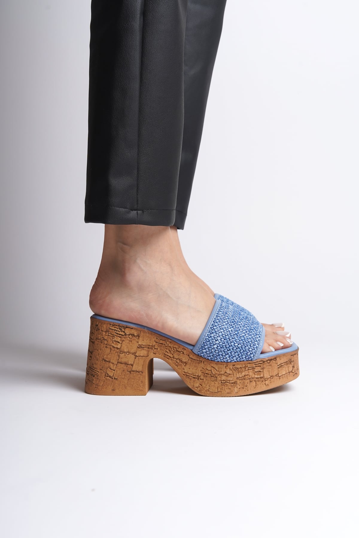 Capone Cork Platform Sole Wicker Single Strap Women Blue Sandals