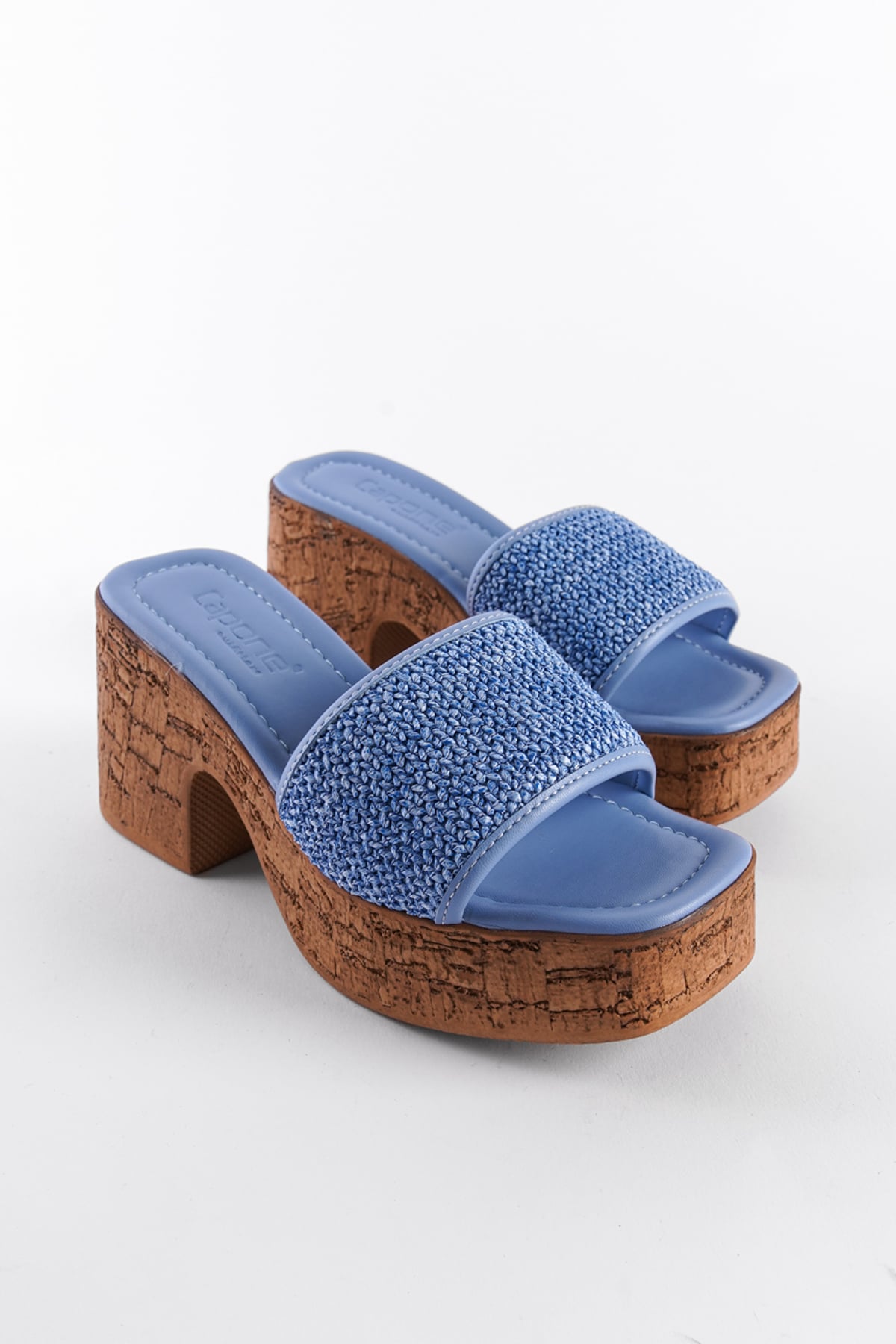 Capone Cork Platform Sole Wicker Single Strap Women Blue Sandals