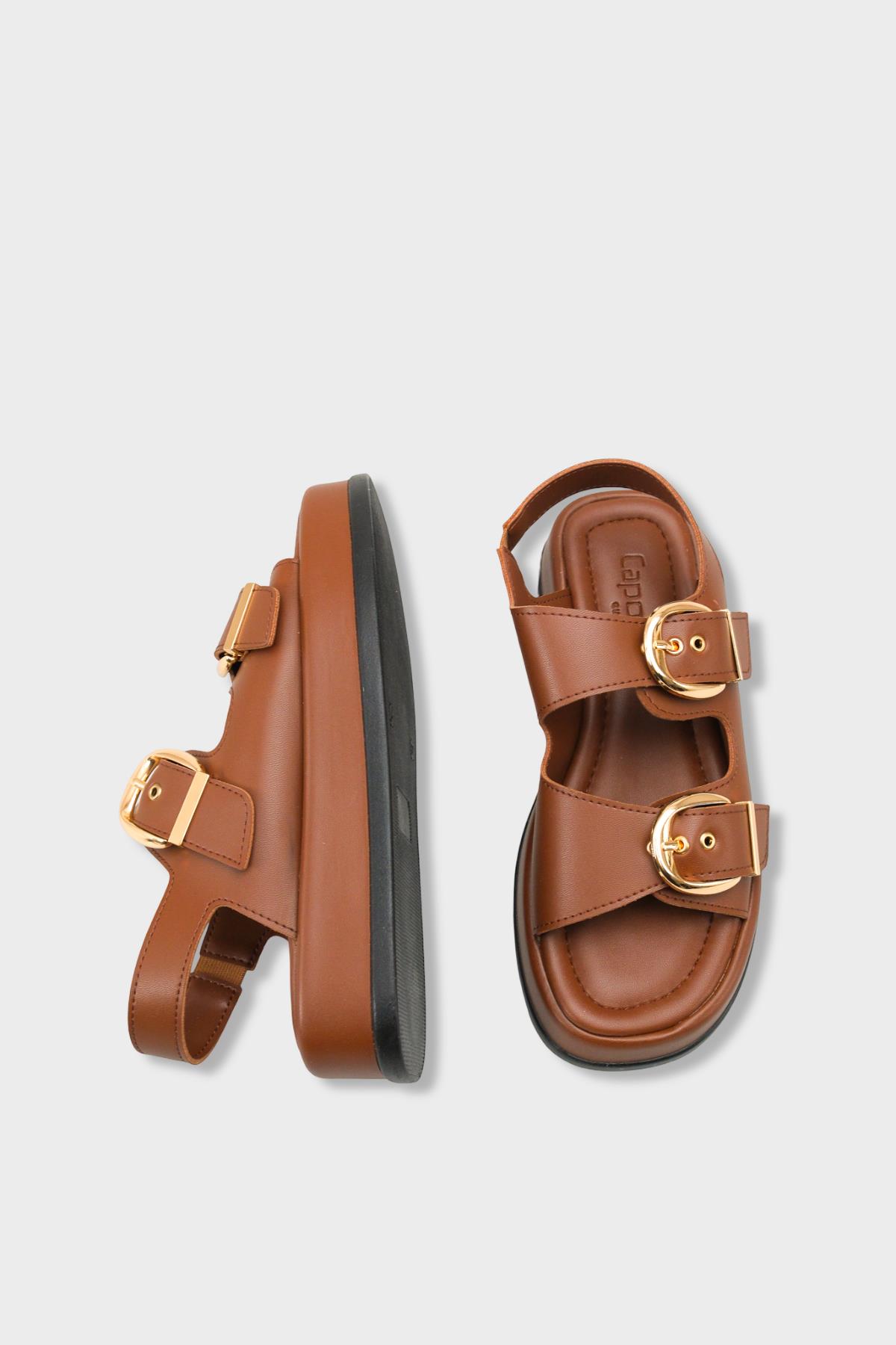 Capone Cortney Wedge Heel Double Band Buckle Women Brown Sandal