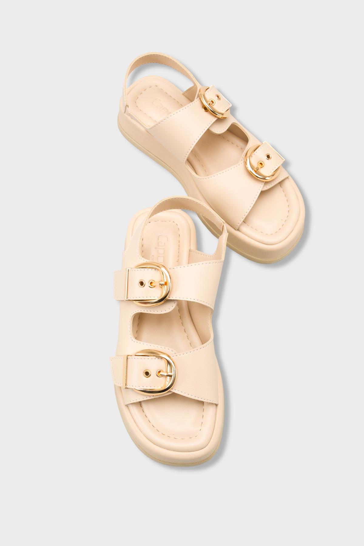Capone Cortney Wedge Heel Double Band Buckle Women Beige Sandal