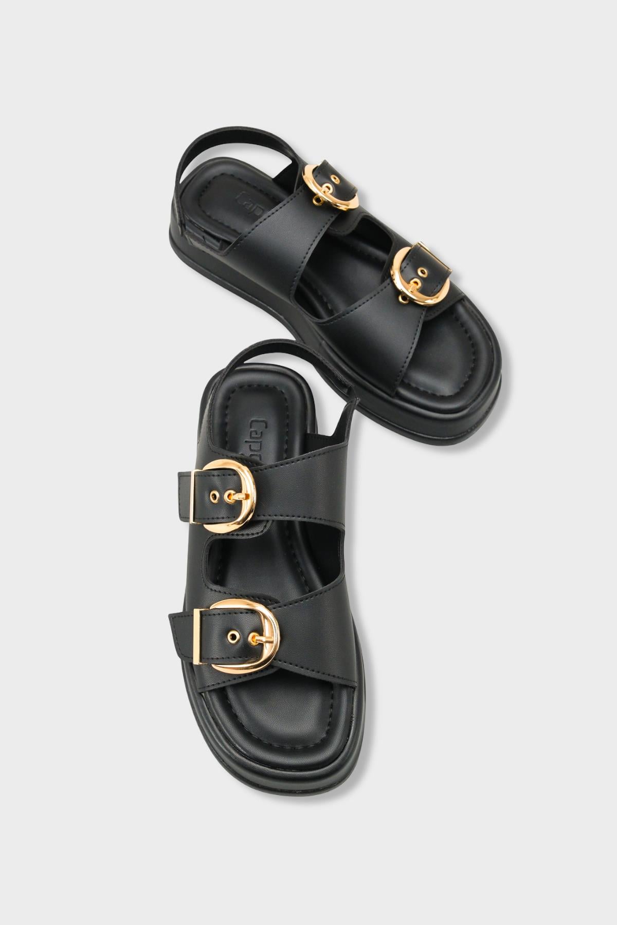 Capone Cortney Wedge Heel Double Band Buckle Women Black Sandal