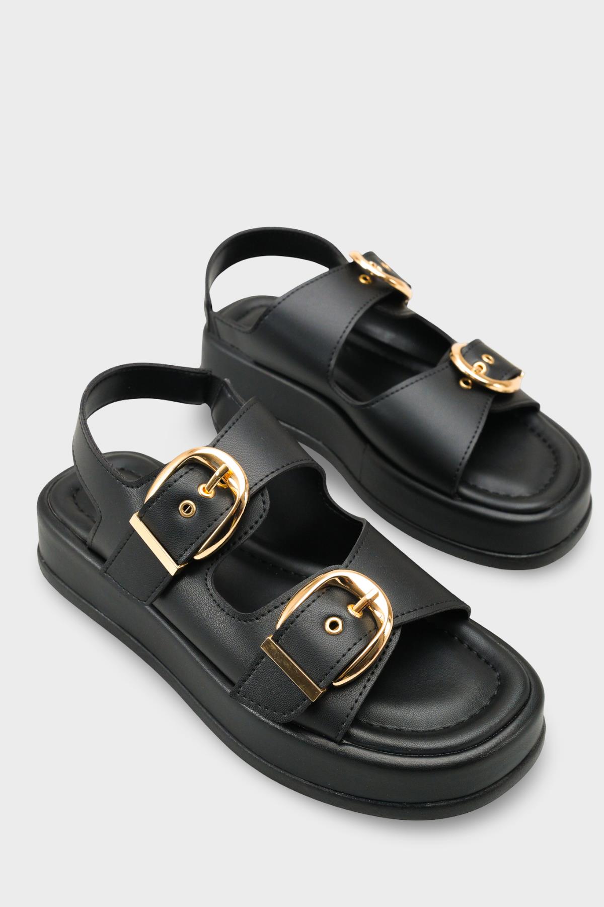 Capone Cortney Wedge Heel Double Band Buckle Women Black Sandal