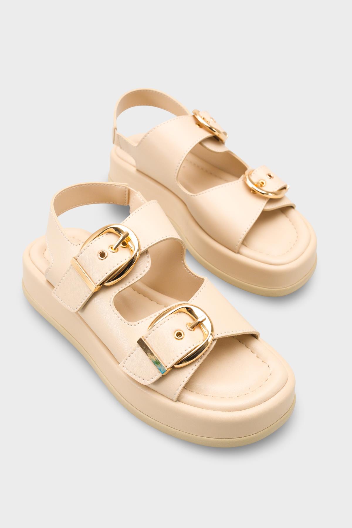 Capone Cortney Wedge Heel Double Band Buckle Women Beige Sandal