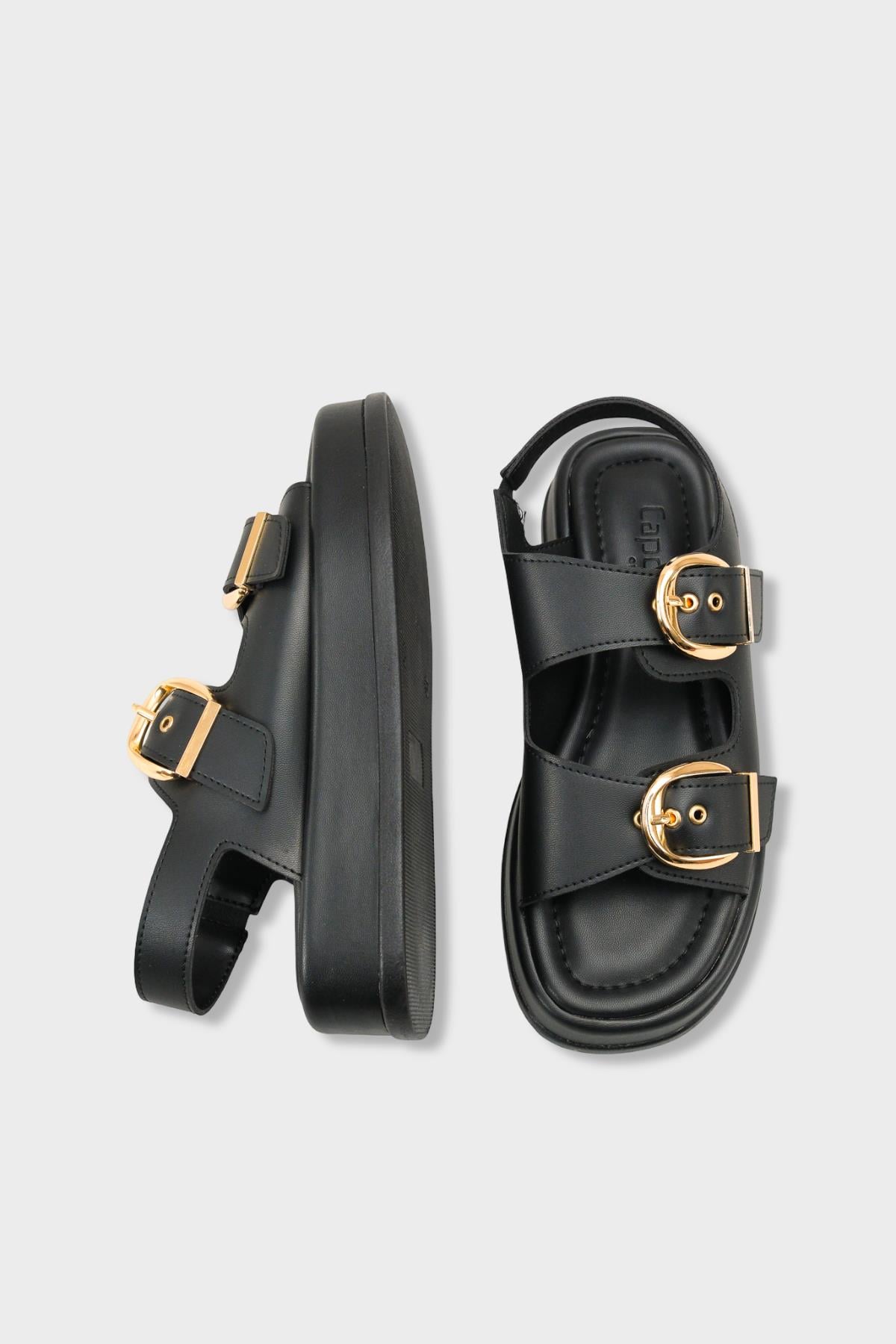 Capone Cortney Wedge Heel Double Band Buckle Women Black Sandal