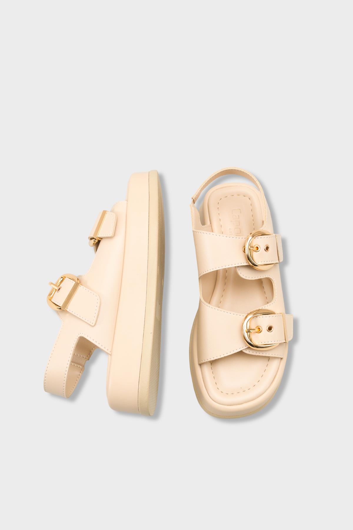 Capone Cortney Wedge Heel Double Band Buckle Women Beige Sandal