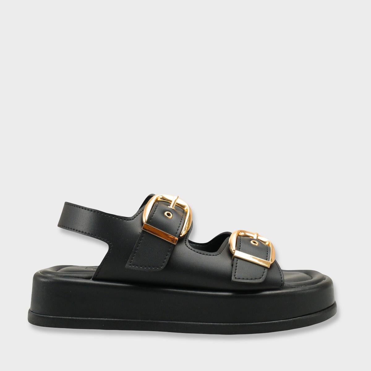 Capone Cortney Wedge Heel Double Band Buckle Women Black Sandal