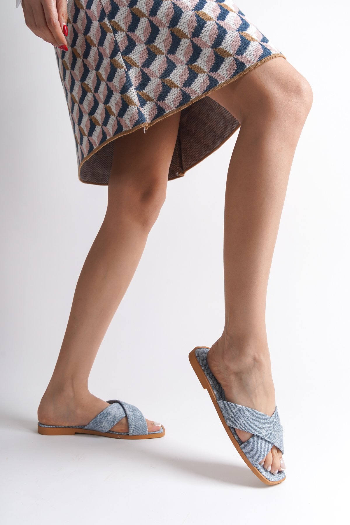 Capone Cross Band Soft Sole Blunt Toe Crinkly Patent Leather Women Light Blue Daily Sandals