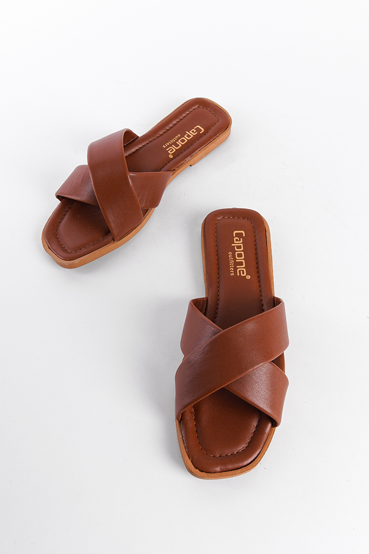 Capone Cross Band Soft Sole Blunt Toe Crinkly Patent Leather Women Tan Daily Sandals