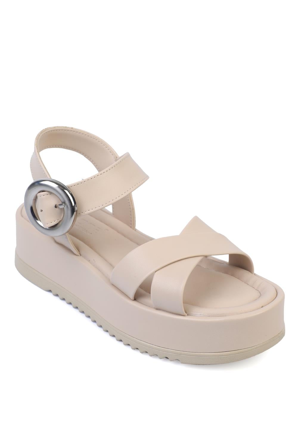 Capone Cross Strap Comfort Buckle Wedge Heel Women Beige Sandals