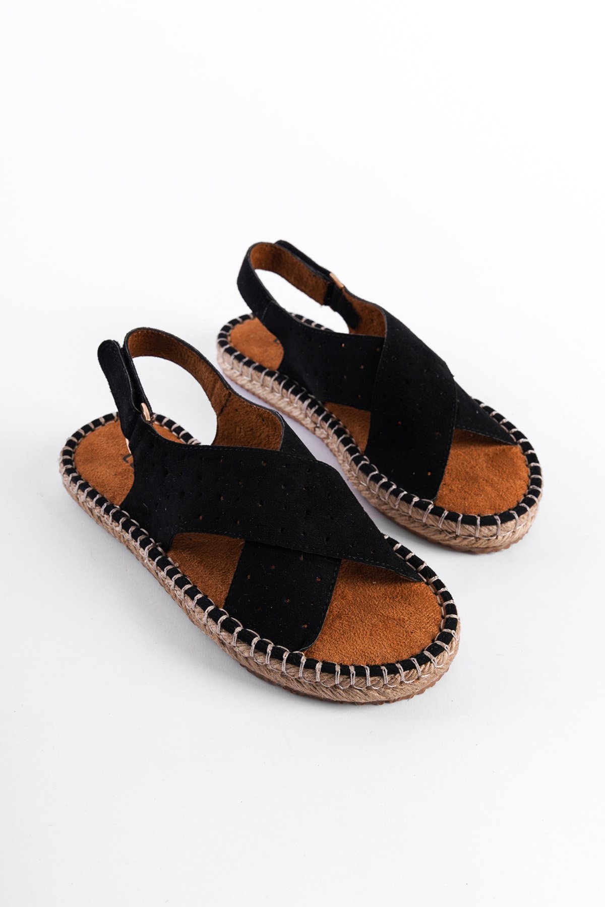 Capone Cross-Strapped Women Suede Black Espadrille Sandals
