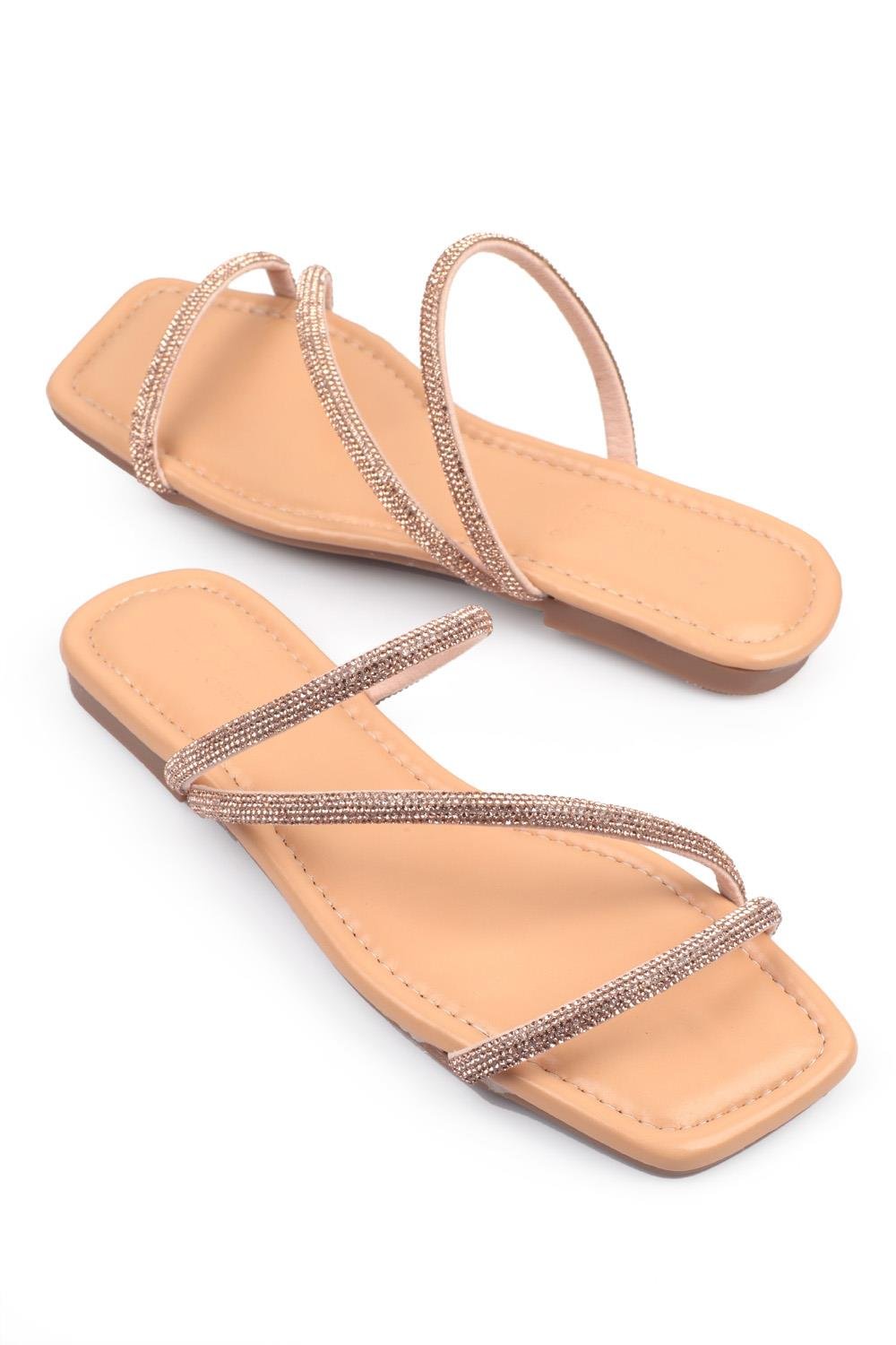 Capone Crystal Embellished 3 Banded Flat Heel  Quilted Woman Sandals