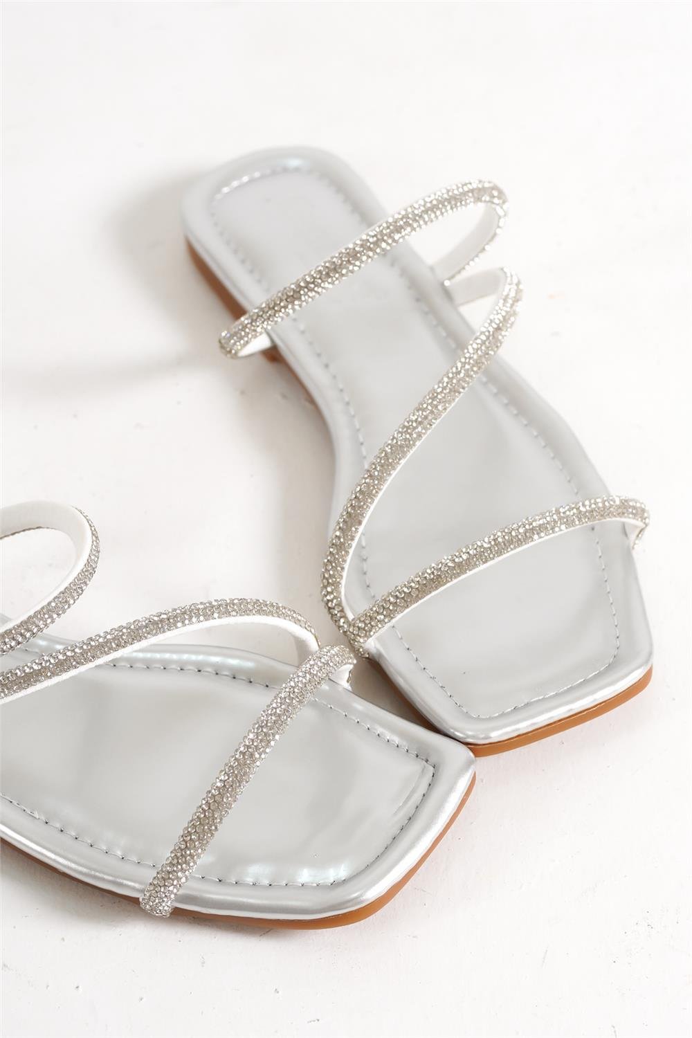 Capone Crystal Embellished 3 Banded Flat Heel  Quilted Woman Sandals